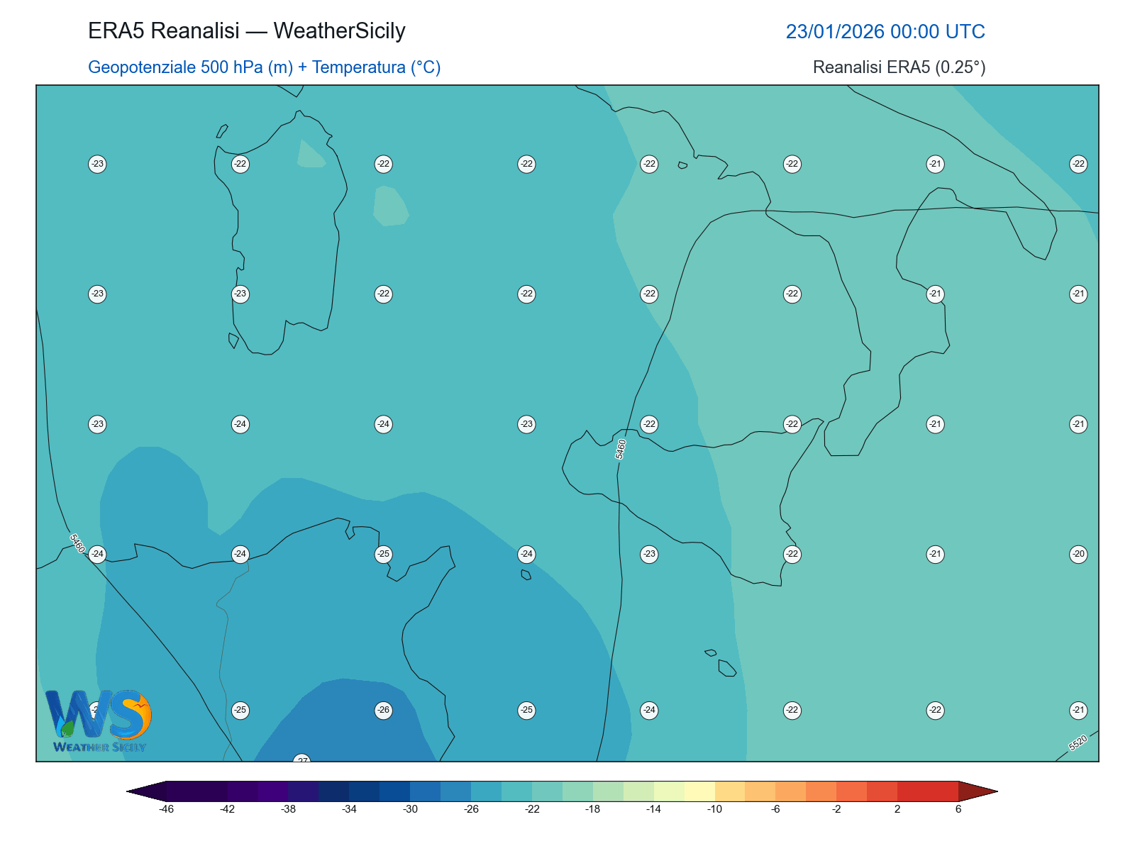 Geopotenziale 500 hPa + Temperatura · 2026012300