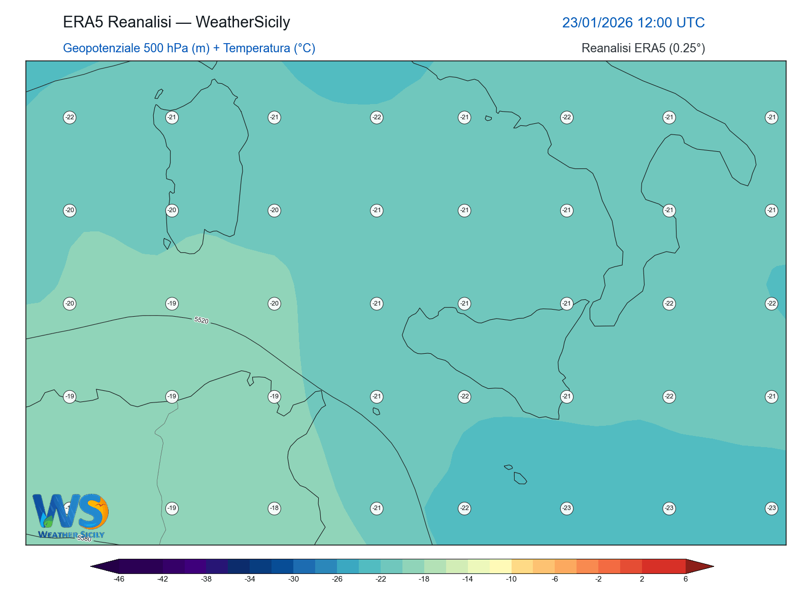 Geopotenziale 500 hPa + Temperatura · 2026012312