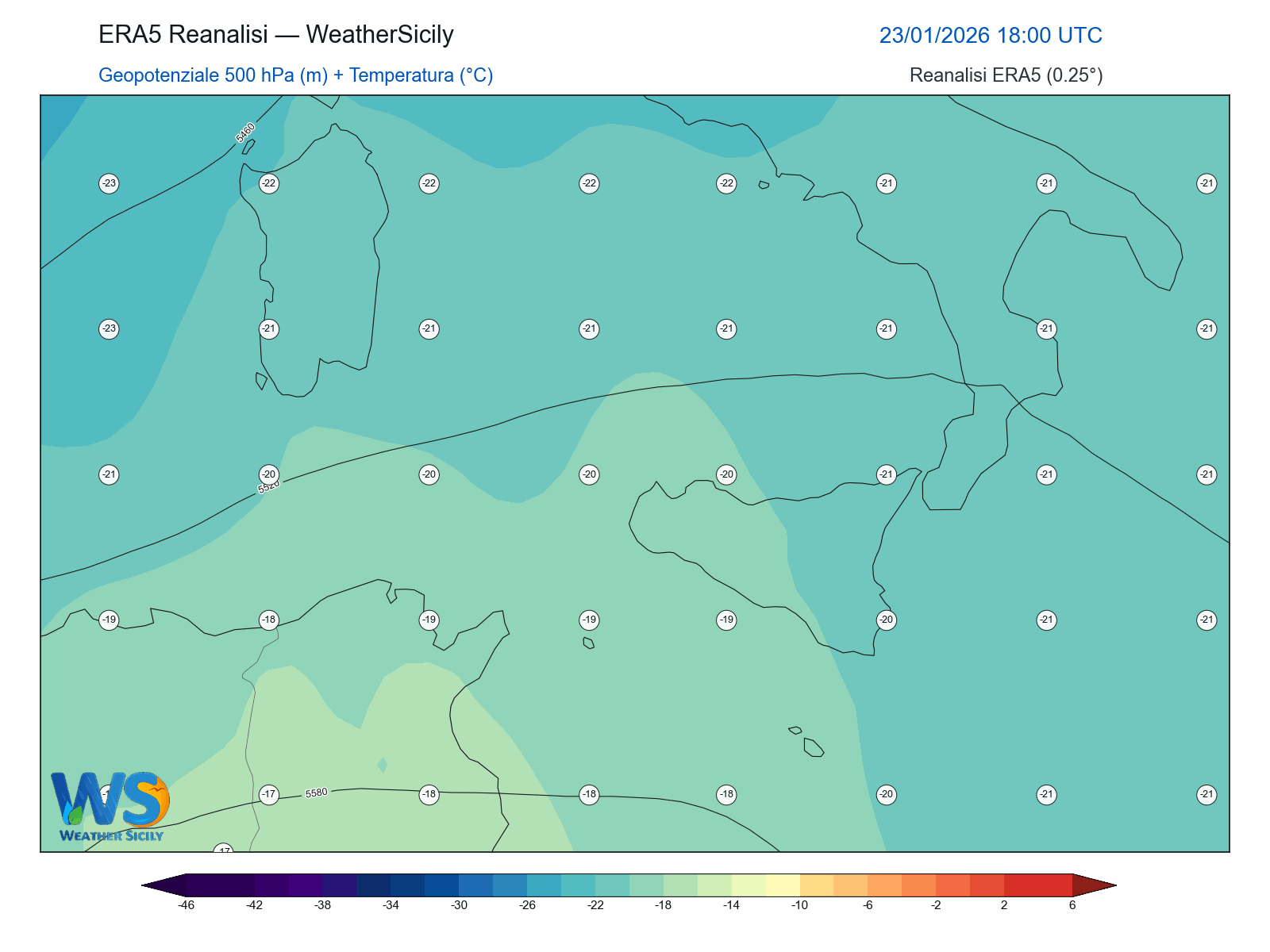 Geopotenziale 500 hPa + Temperatura · 2026012318