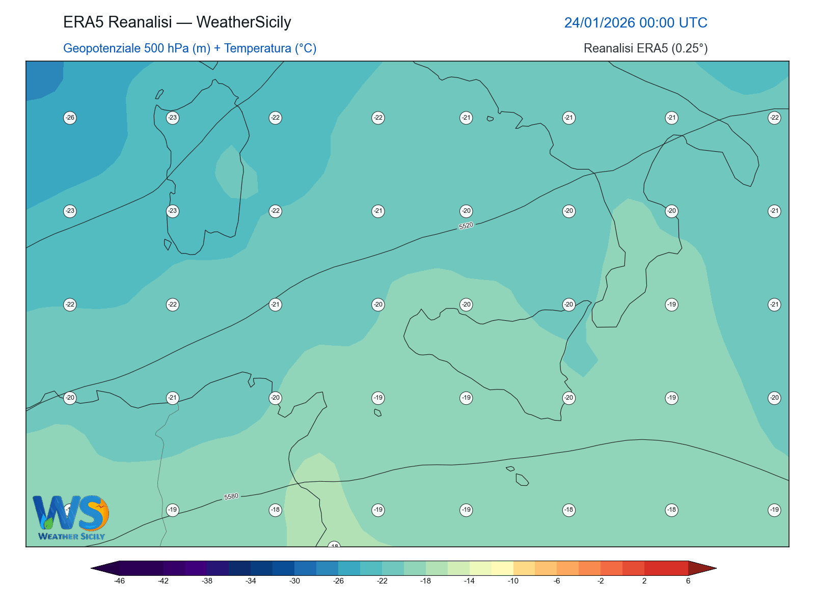 Geopotenziale 500 hPa + Temperatura · 2026012400
