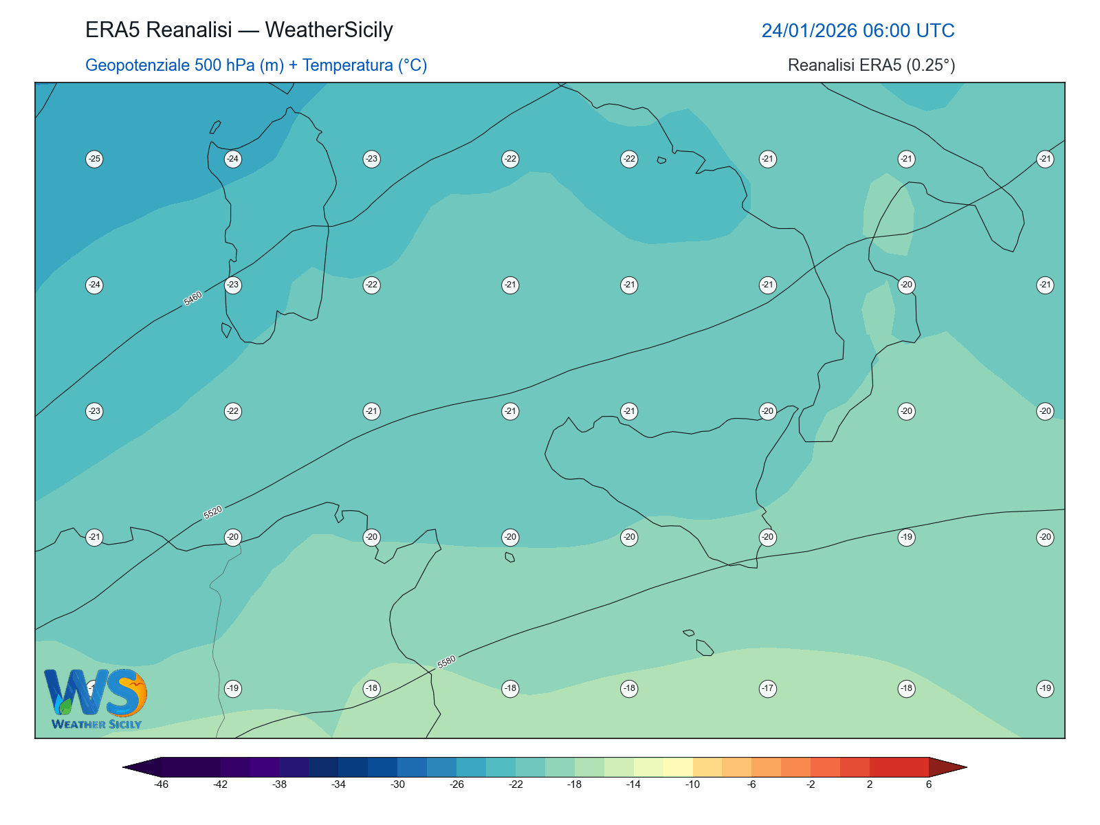 Geopotenziale 500 hPa + Temperatura · 2026012406