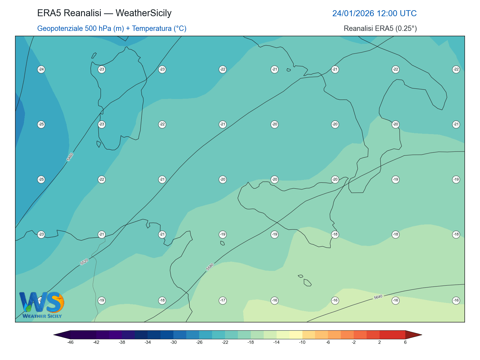 Geopotenziale 500 hPa + Temperatura · 2026012412