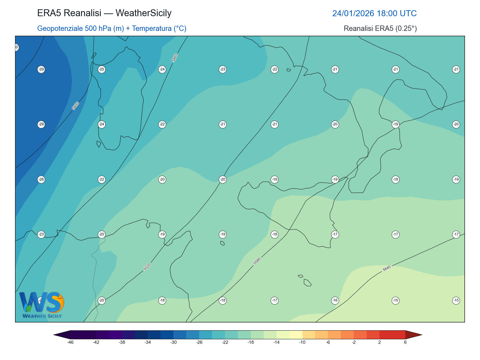 Geopotenziale 500 hPa + Temperatura · 2026012418