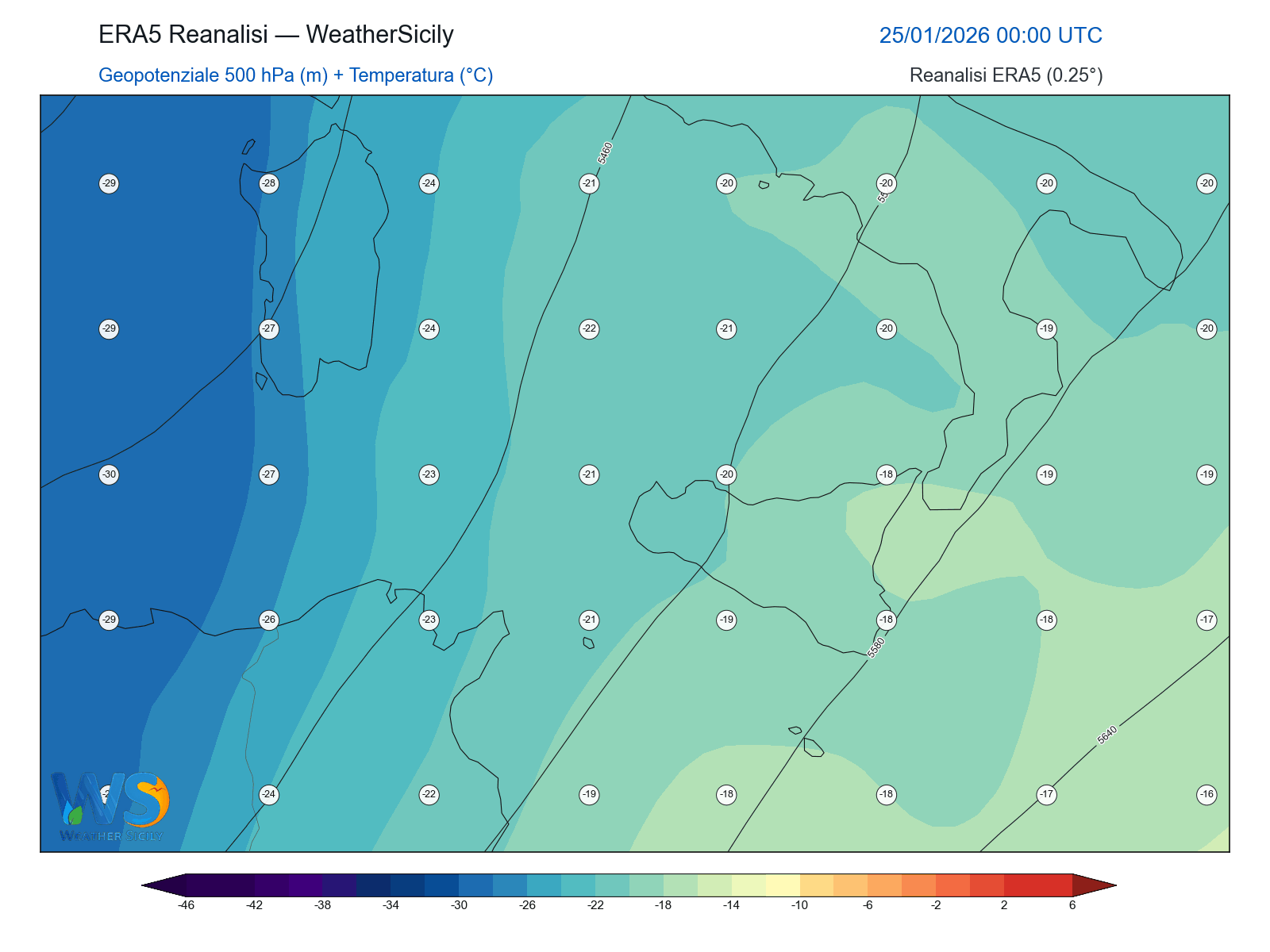 Geopotenziale 500 hPa + Temperatura · 2026012500