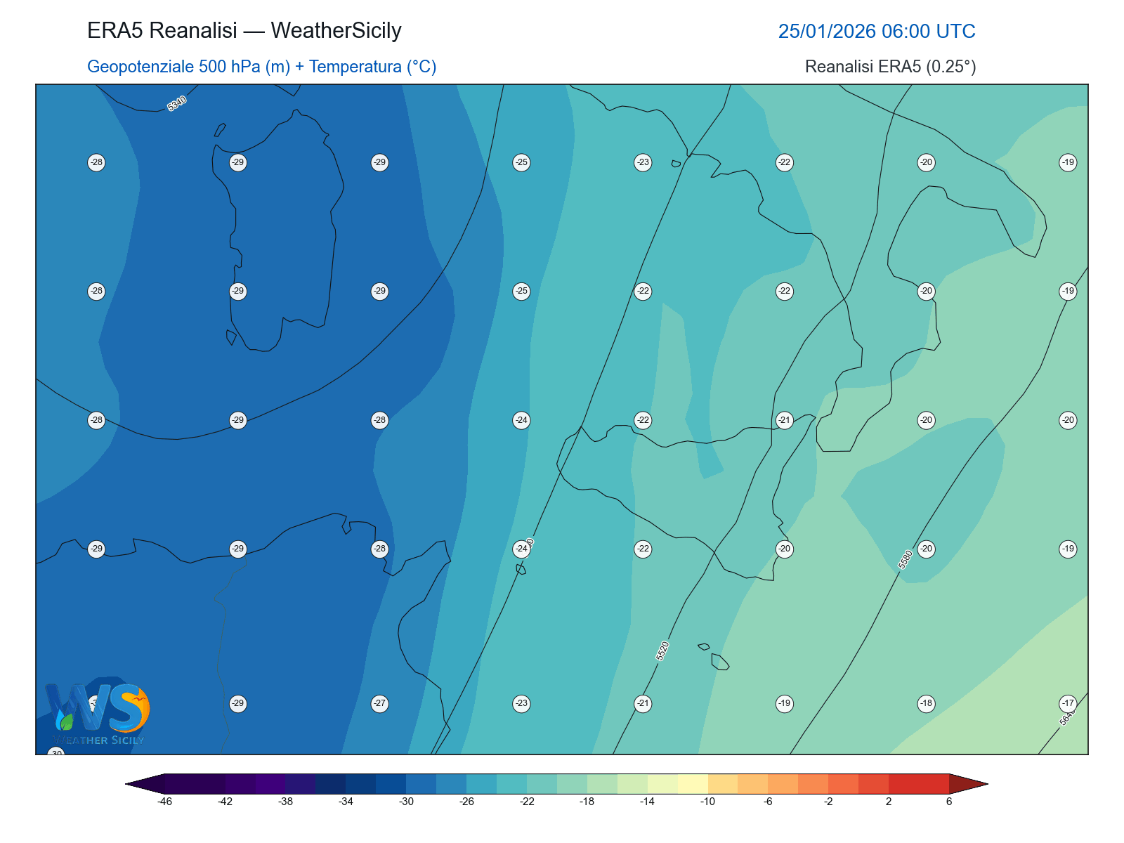 Geopotenziale 500 hPa + Temperatura · 2026012506