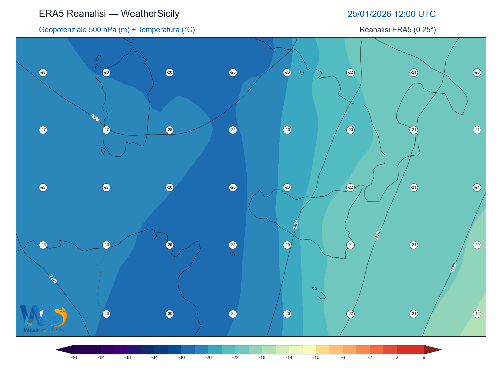 Geopotenziale 500 hPa + Temperatura · 2026012512