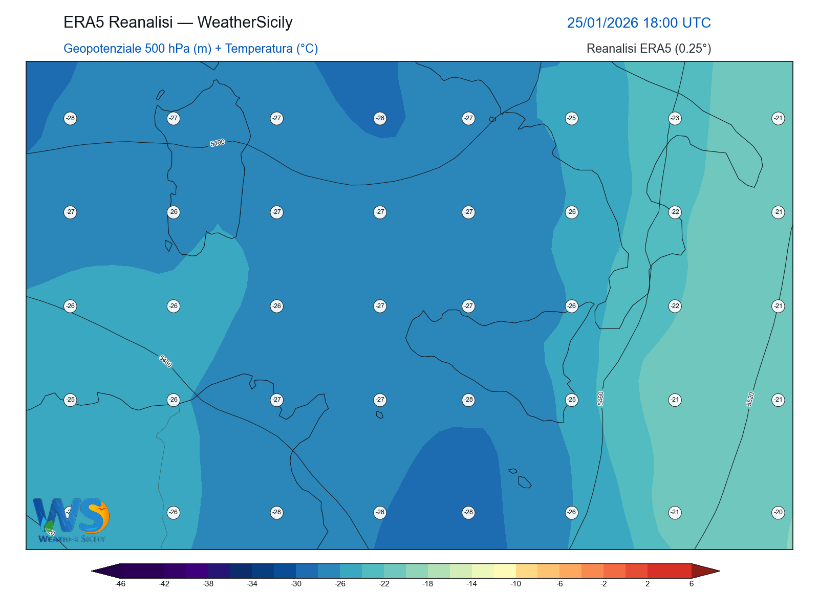 Geopotenziale 500 hPa + Temperatura · 2026012518