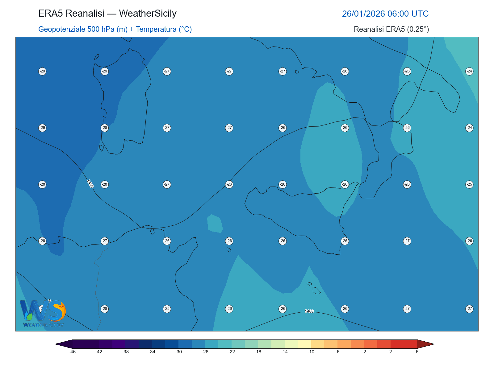 Geopotenziale 500 hPa + Temperatura · 2026012606