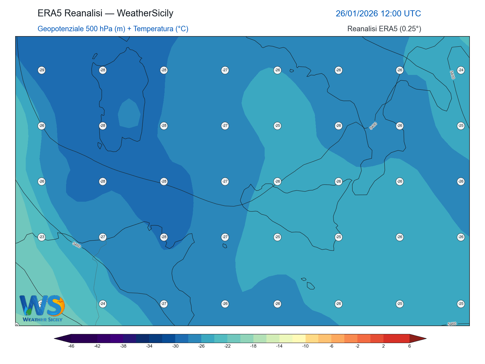 Geopotenziale 500 hPa + Temperatura · 2026012612