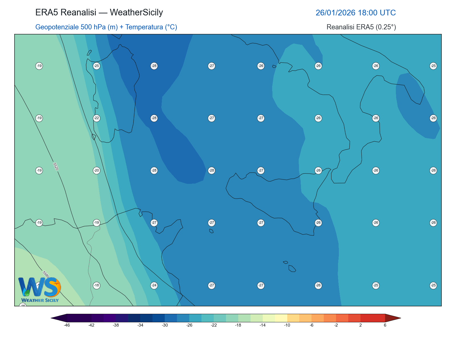 Geopotenziale 500 hPa + Temperatura · 2026012618