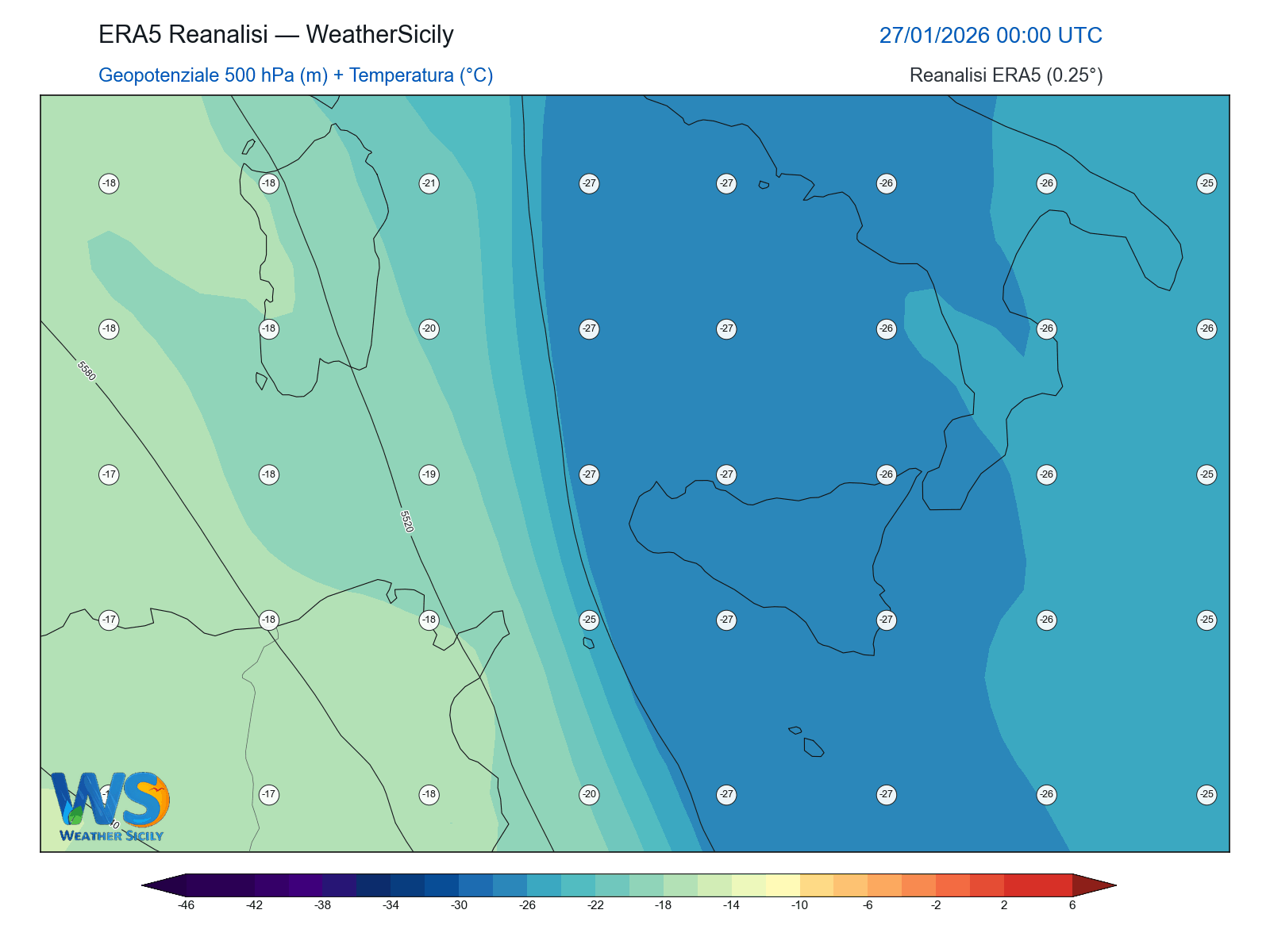 Geopotenziale 500 hPa + Temperatura · 2026012700