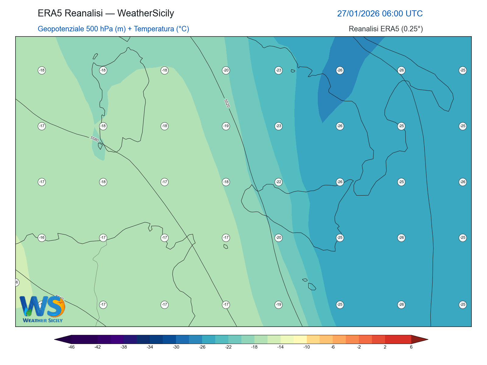 Geopotenziale 500 hPa + Temperatura · 2026012706