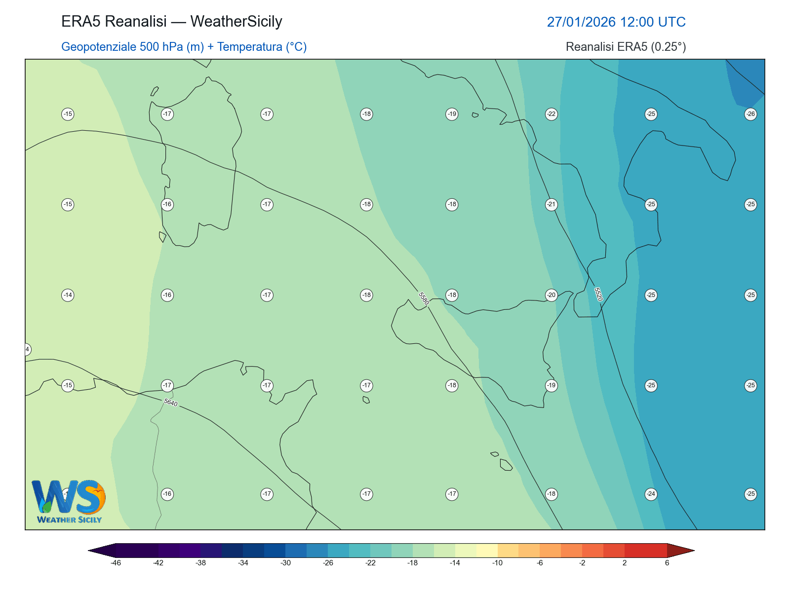 Geopotenziale 500 hPa + Temperatura · 2026012712
