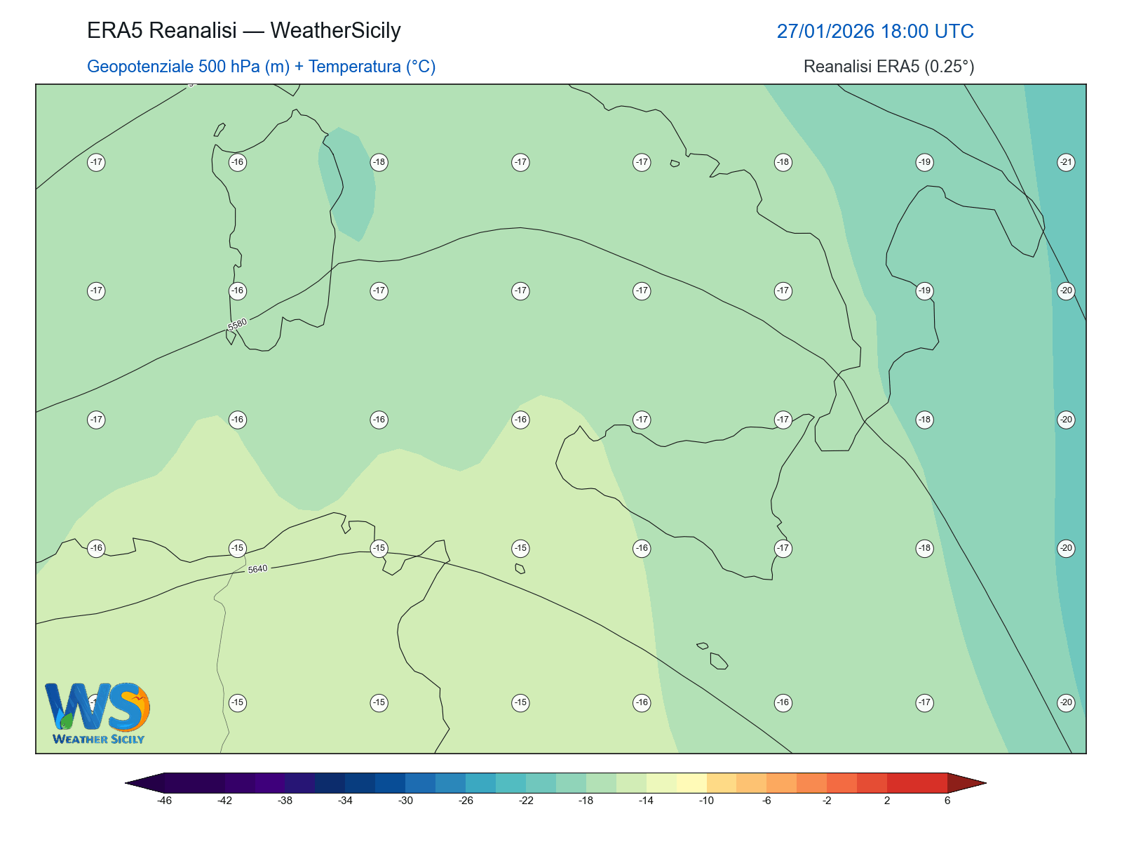 Geopotenziale 500 hPa + Temperatura · 2026012718