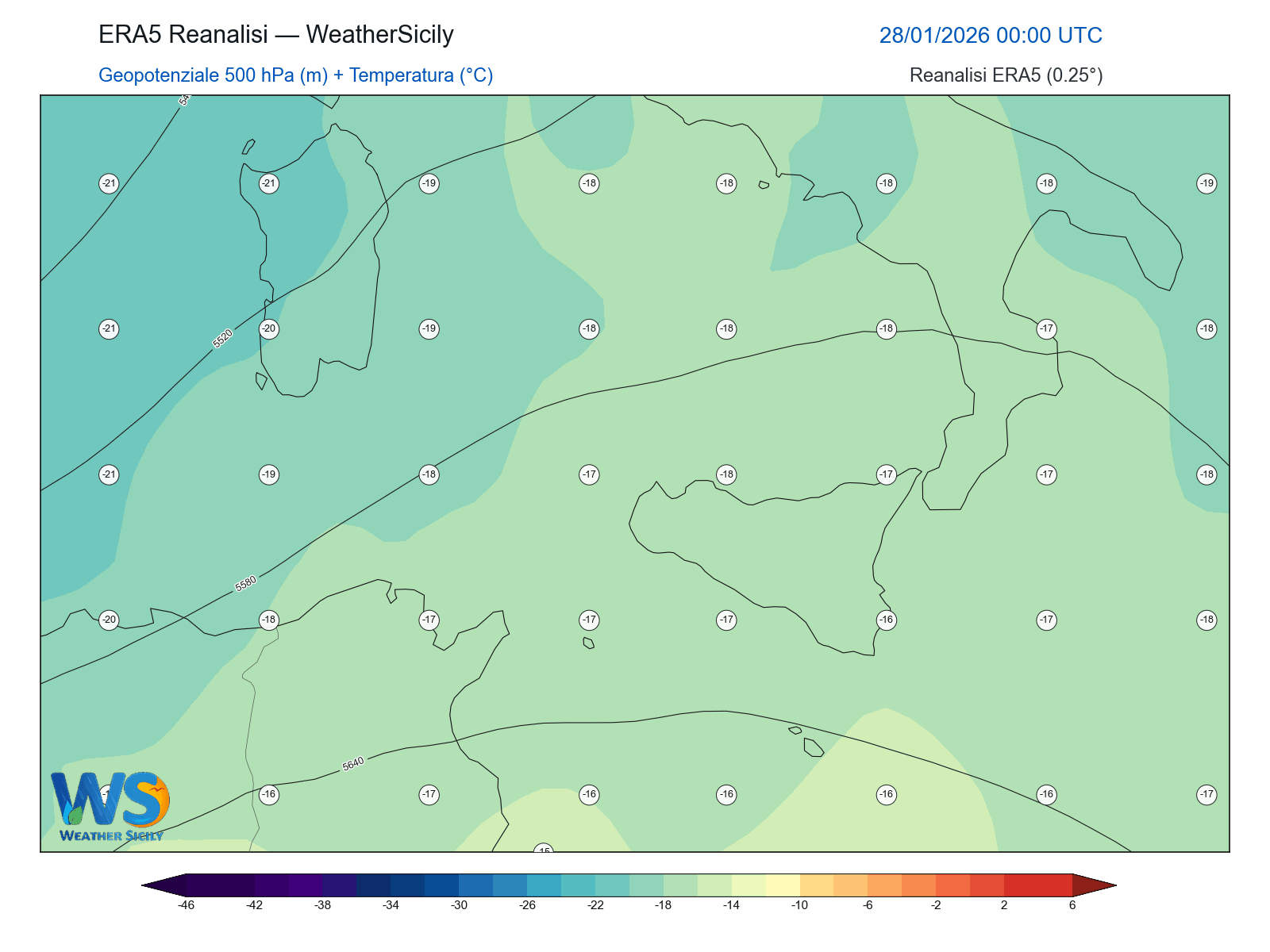 Geopotenziale 500 hPa + Temperatura · 2026012800