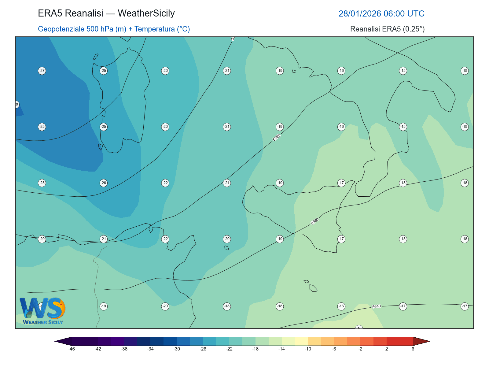 Geopotenziale 500 hPa + Temperatura · 2026012806