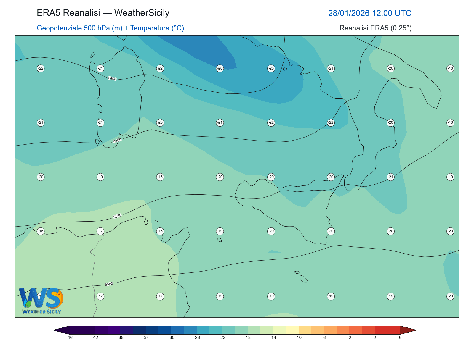 Geopotenziale 500 hPa + Temperatura · 2026012812