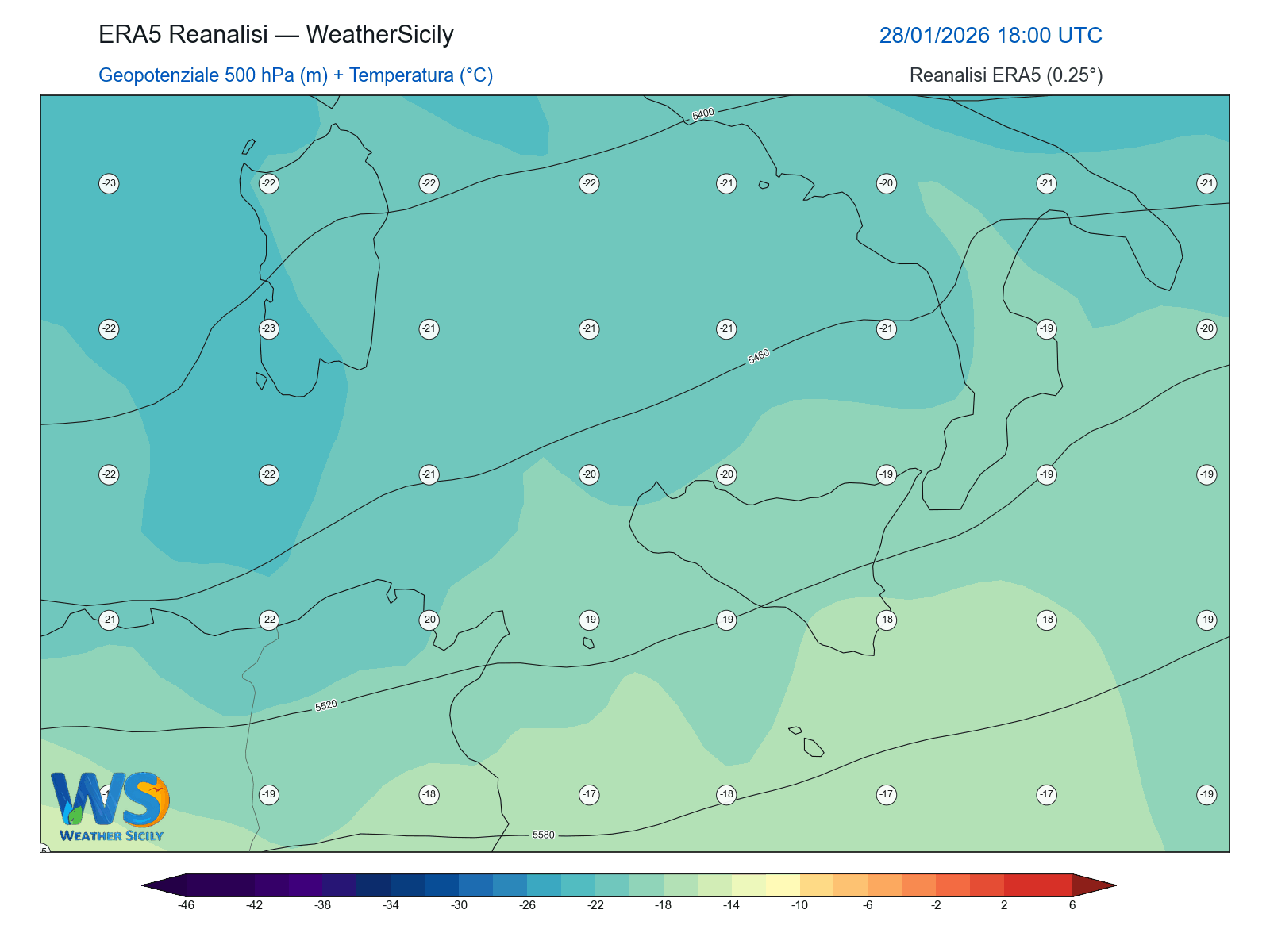 Geopotenziale 500 hPa + Temperatura · 2026012818