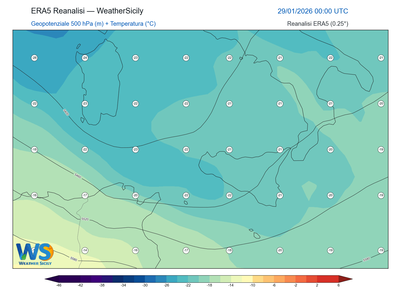 Geopotenziale 500 hPa + Temperatura · 2026012900