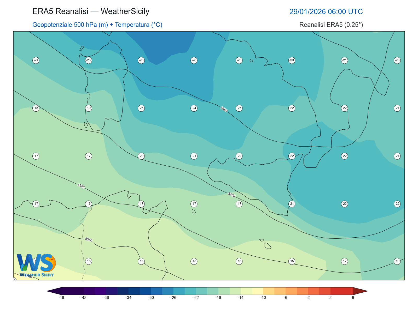 Geopotenziale 500 hPa + Temperatura · 2026012906