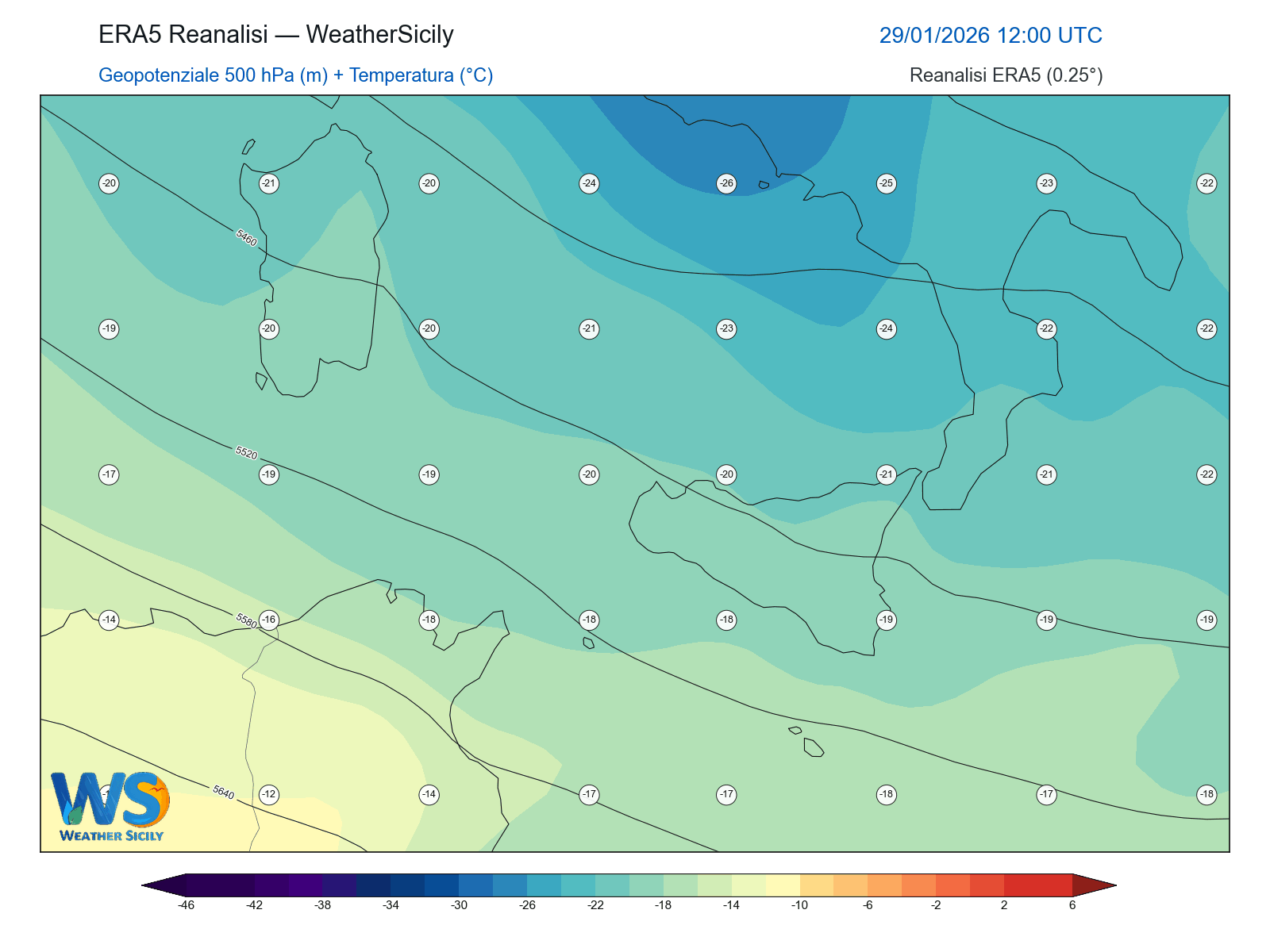 Geopotenziale 500 hPa + Temperatura · 2026012912