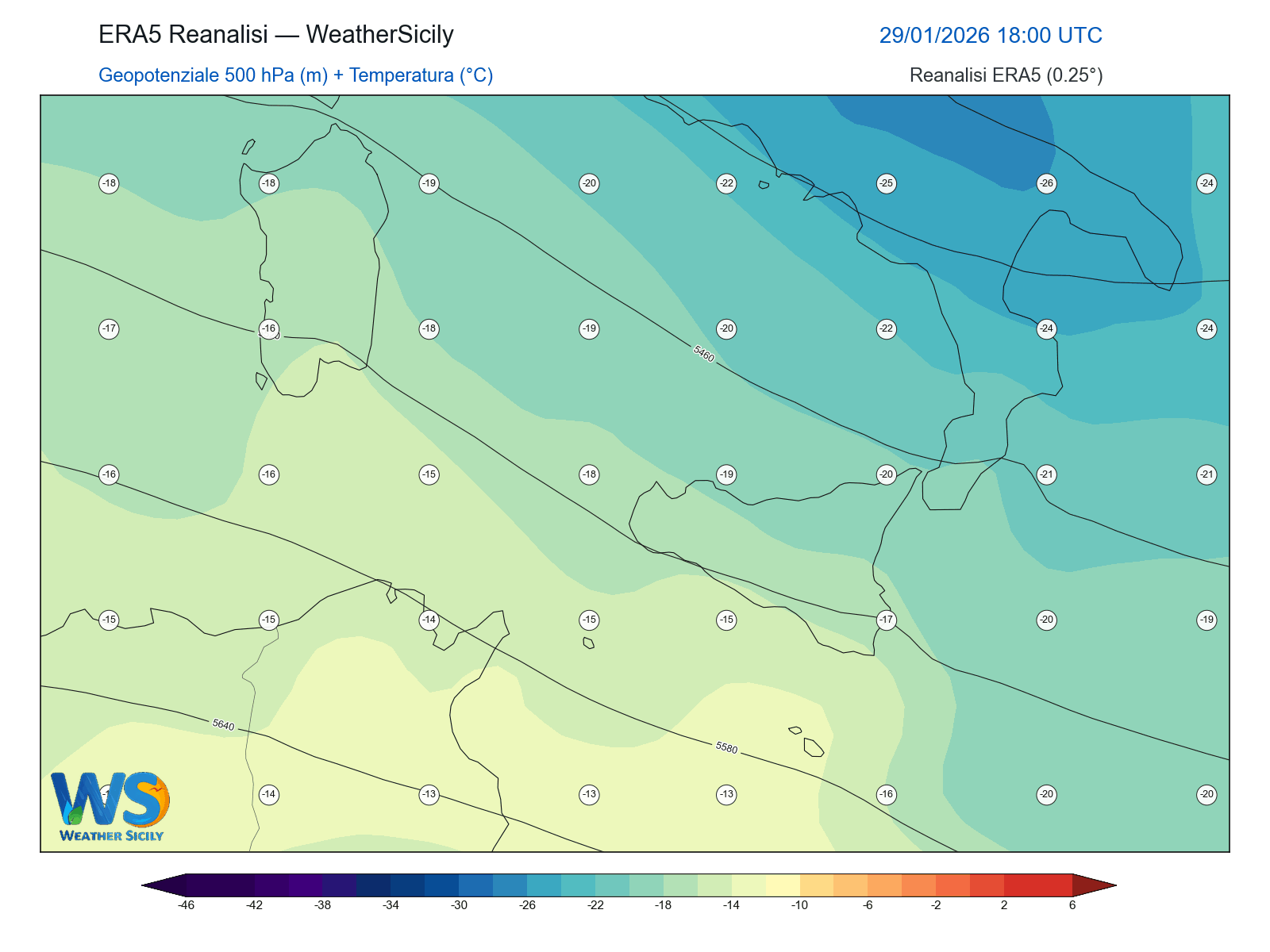 Geopotenziale 500 hPa + Temperatura · 2026012918