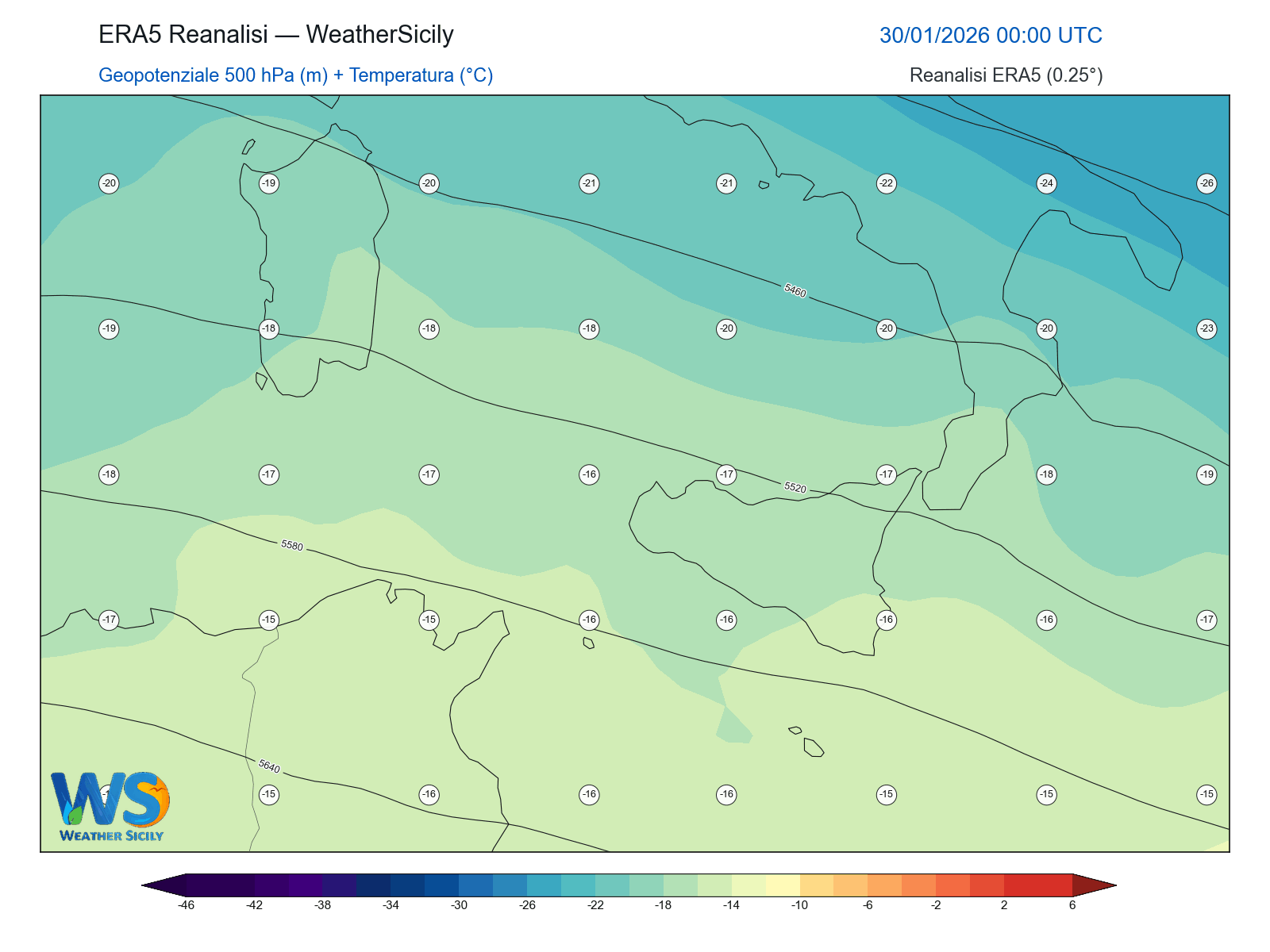 Geopotenziale 500 hPa + Temperatura · 2026013000