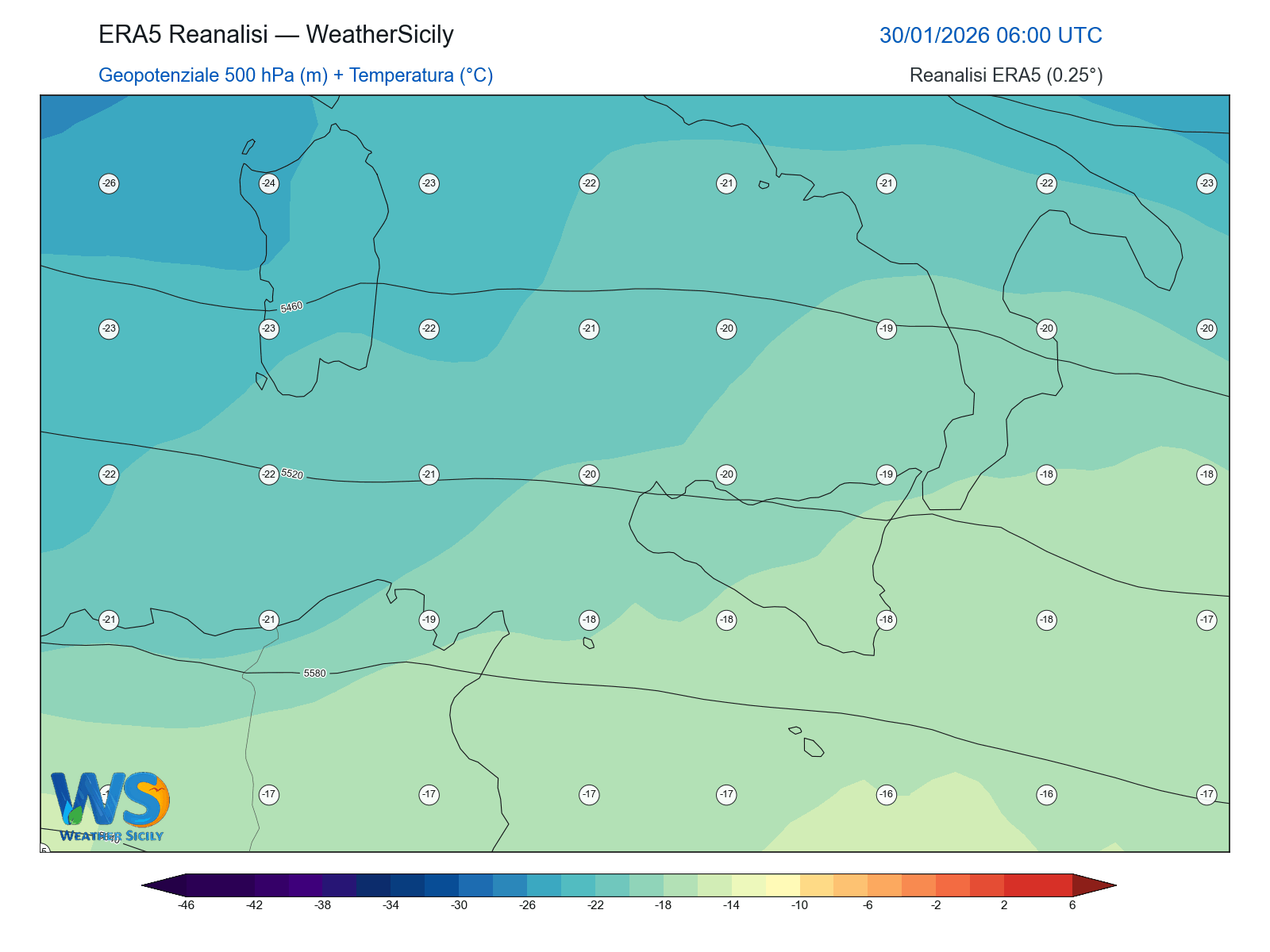 Geopotenziale 500 hPa + Temperatura · 2026013006