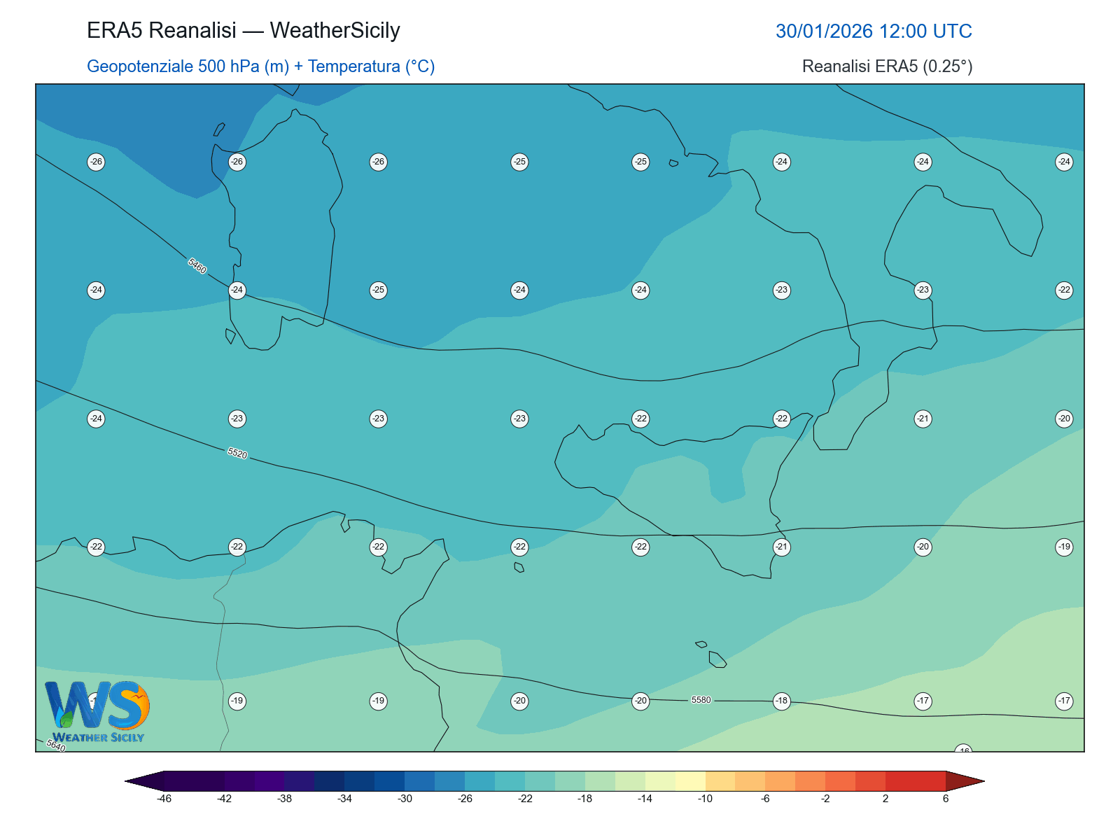 Geopotenziale 500 hPa + Temperatura · 2026013012