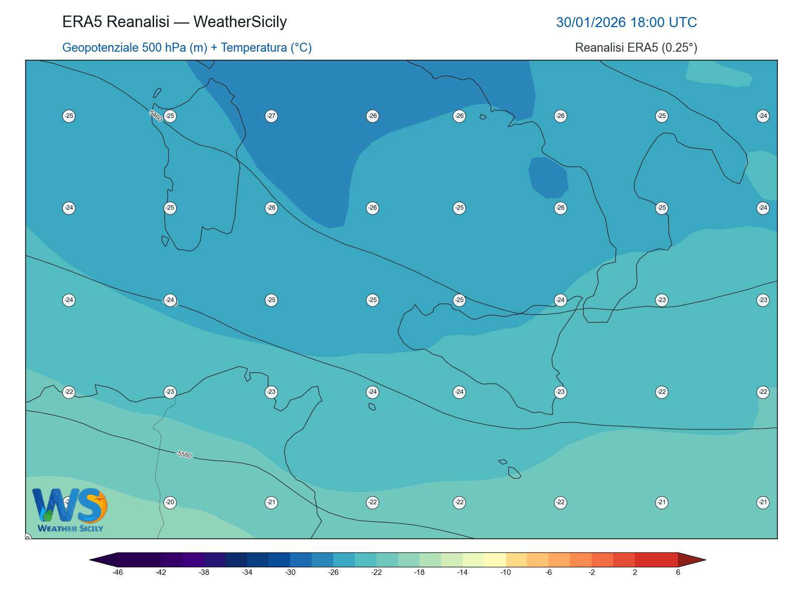 Geopotenziale 500 hPa + Temperatura · 2026013018