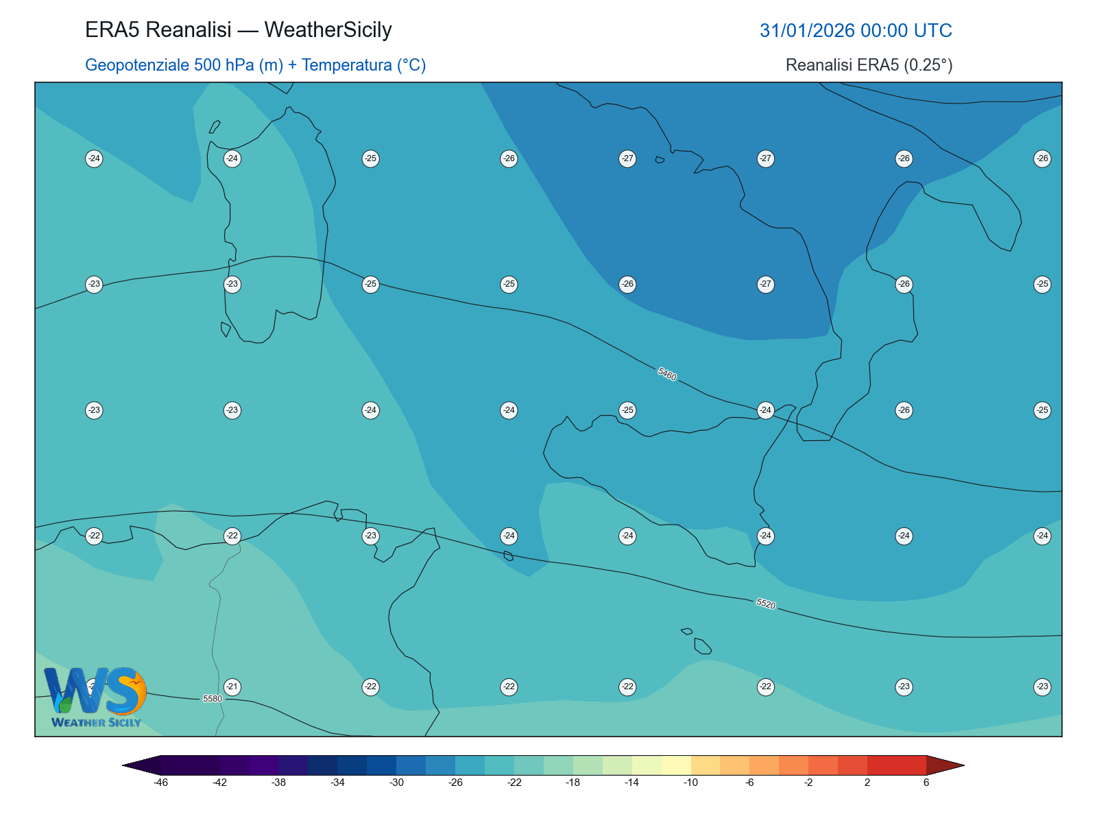Geopotenziale 500 hPa + Temperatura · 2026013100