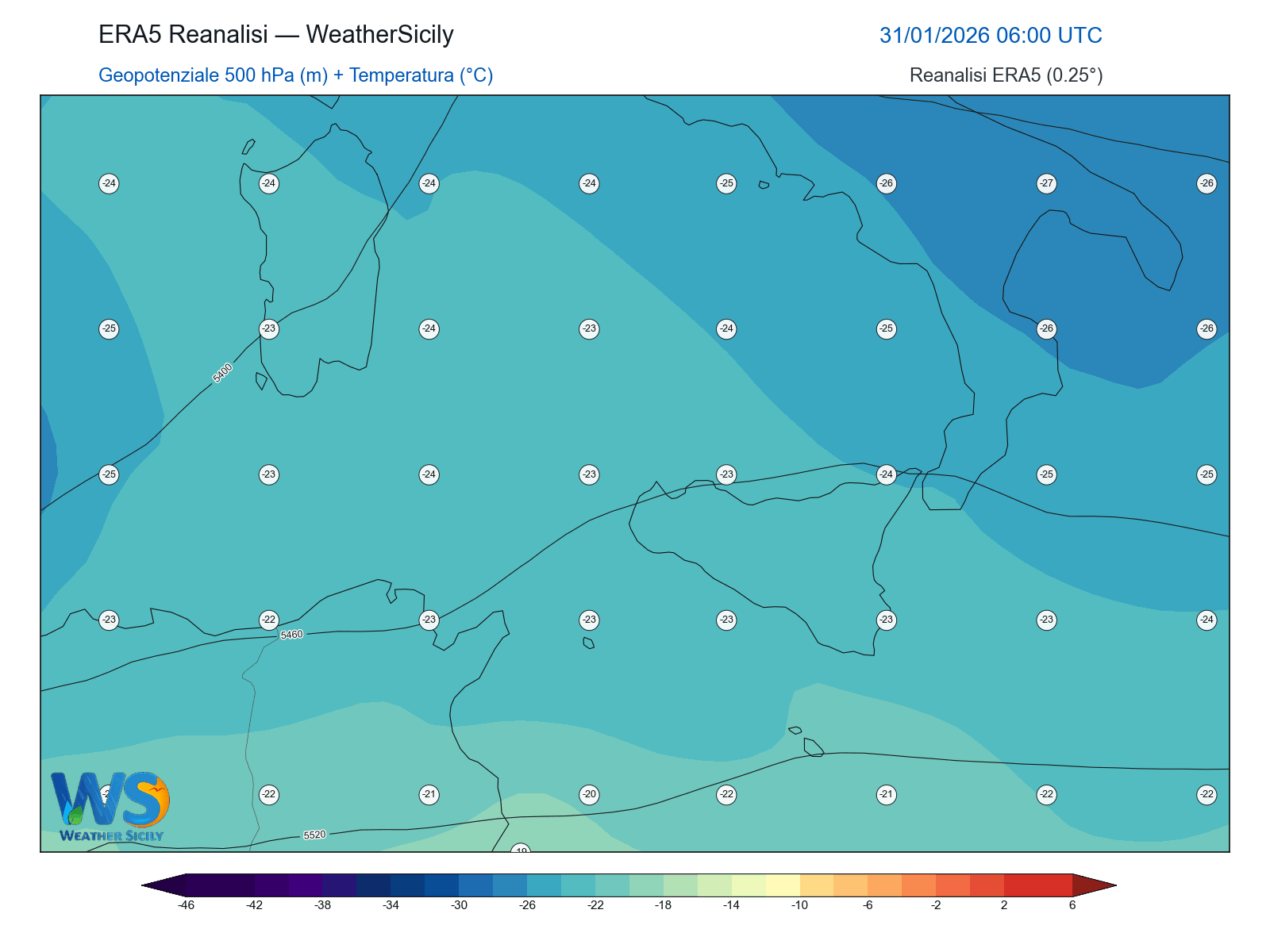 Geopotenziale 500 hPa + Temperatura · 2026013106