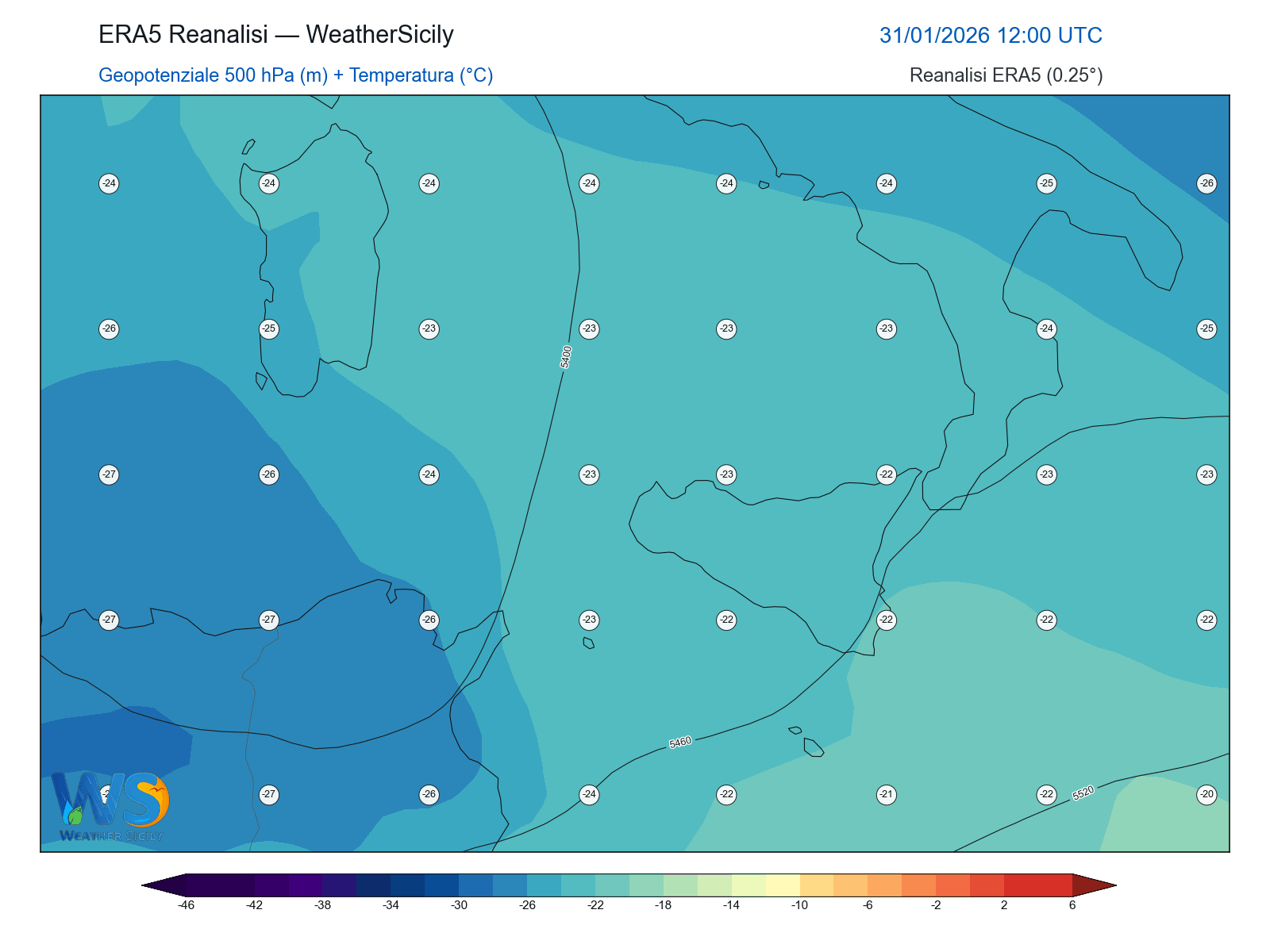 Geopotenziale 500 hPa + Temperatura · 2026013112