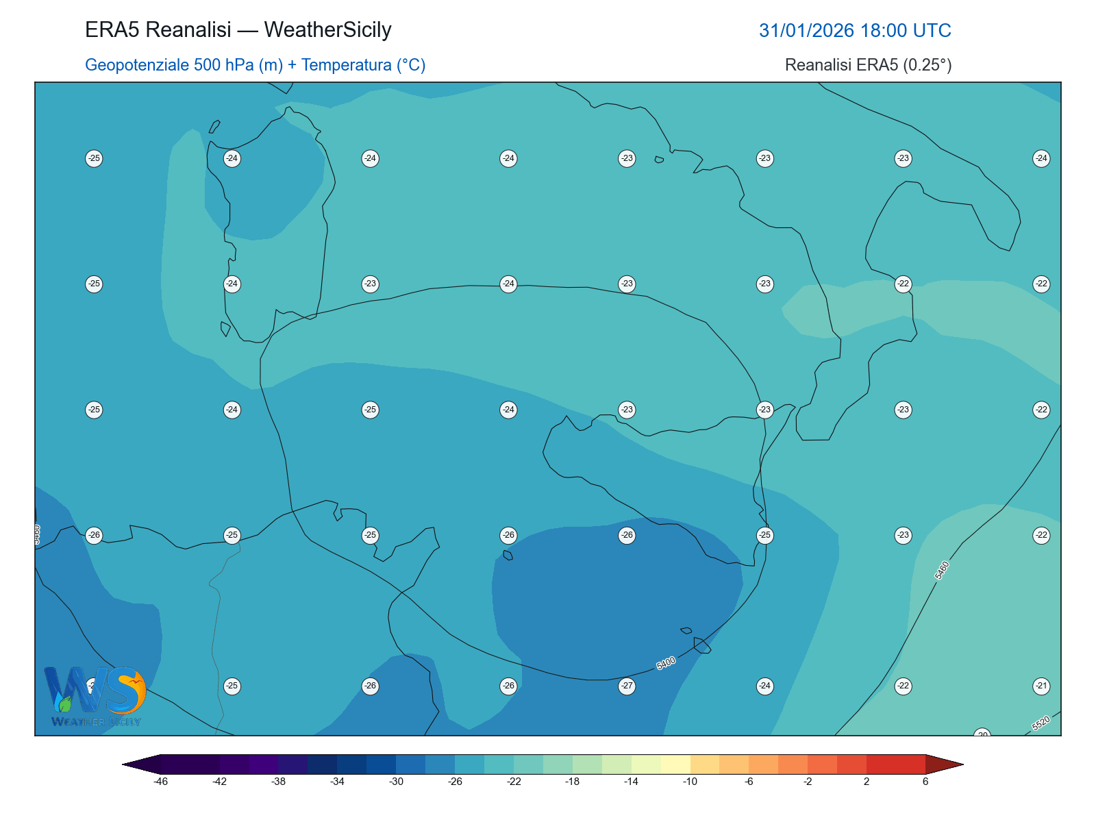 Geopotenziale 500 hPa + Temperatura · 2026013118