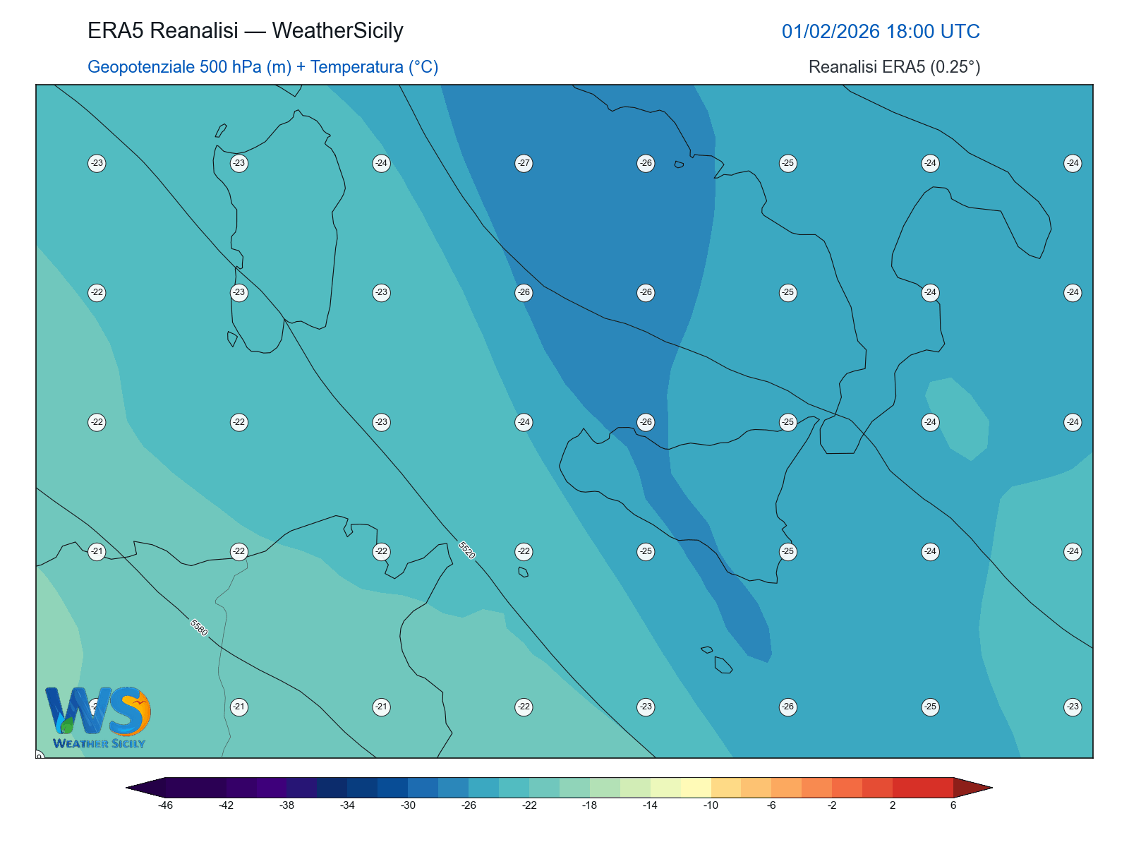 Geopotenziale 500 hPa + Temperatura · 2026020118