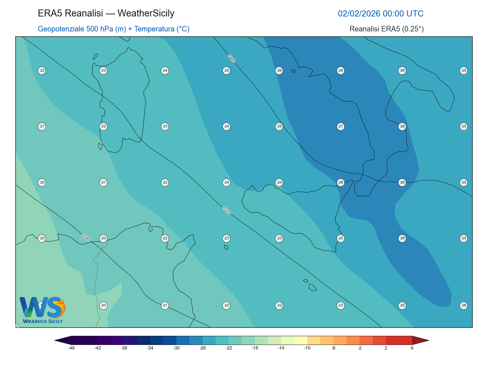 Geopotenziale 500 hPa + Temperatura · 2026020200