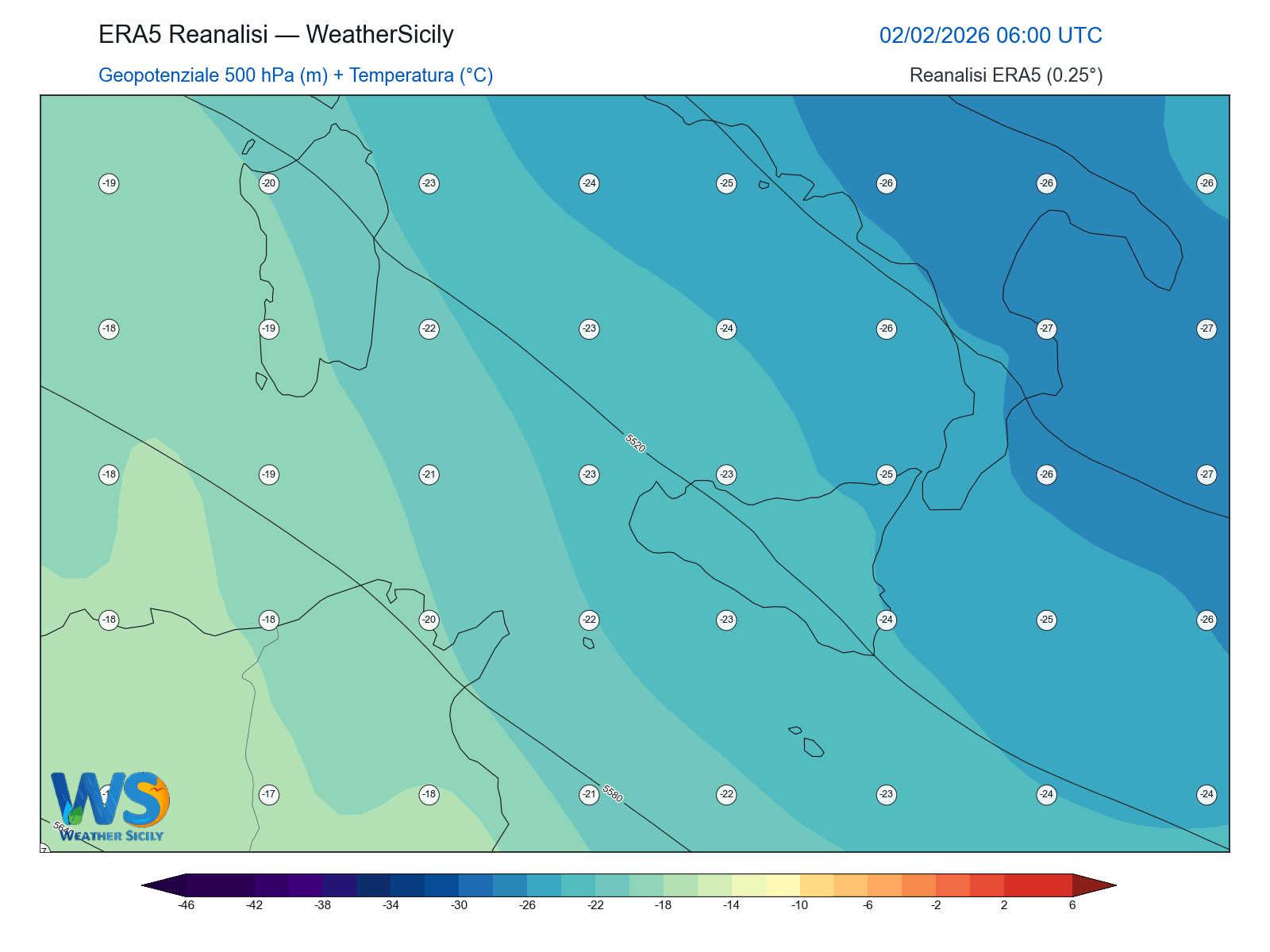 Geopotenziale 500 hPa + Temperatura · 2026020206