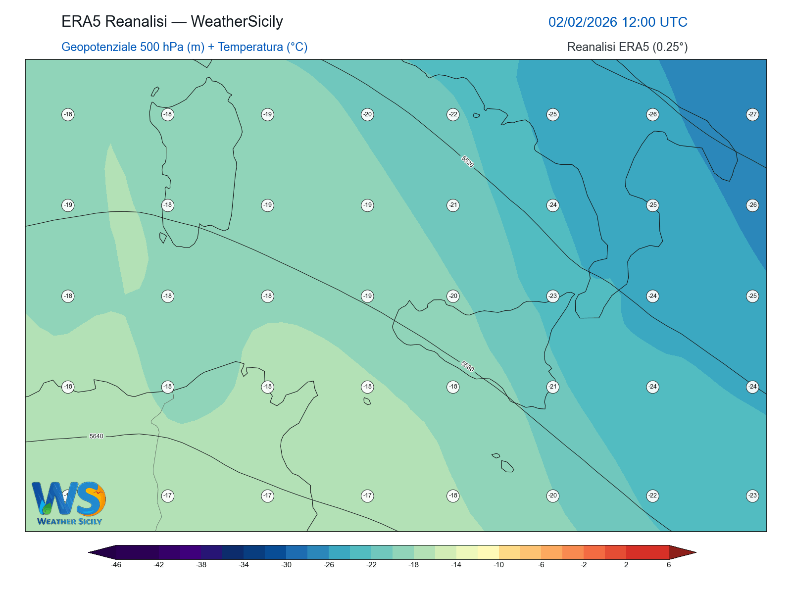 Geopotenziale 500 hPa + Temperatura · 2026020212