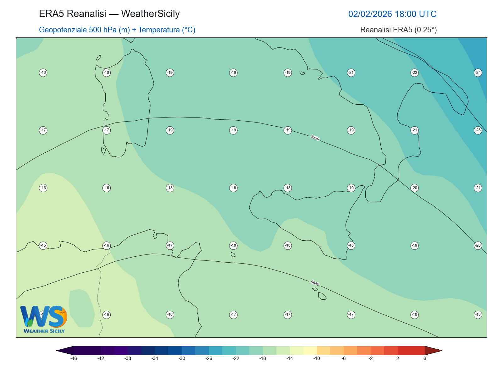 Geopotenziale 500 hPa + Temperatura · 2026020218