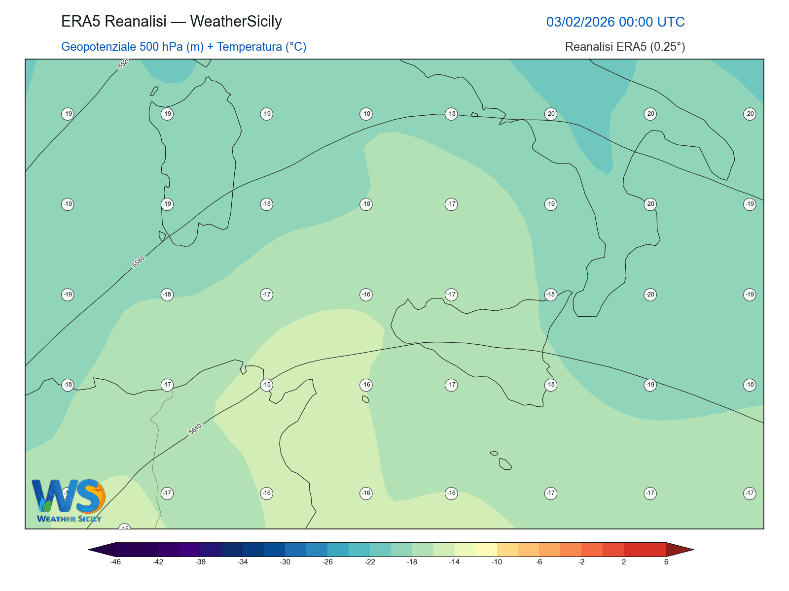 Geopotenziale 500 hPa + Temperatura · 2026020300