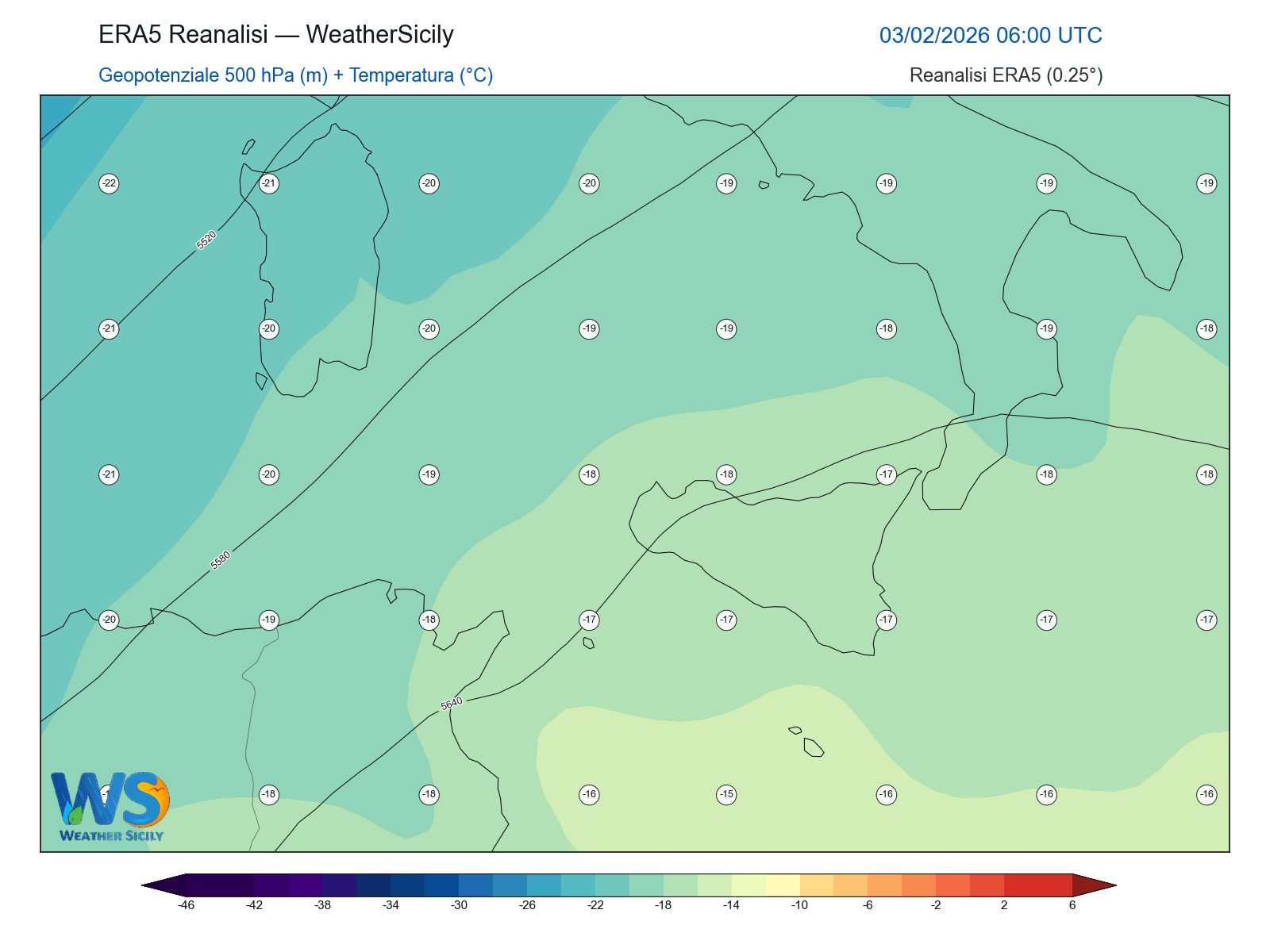 Geopotenziale 500 hPa + Temperatura · 2026020306