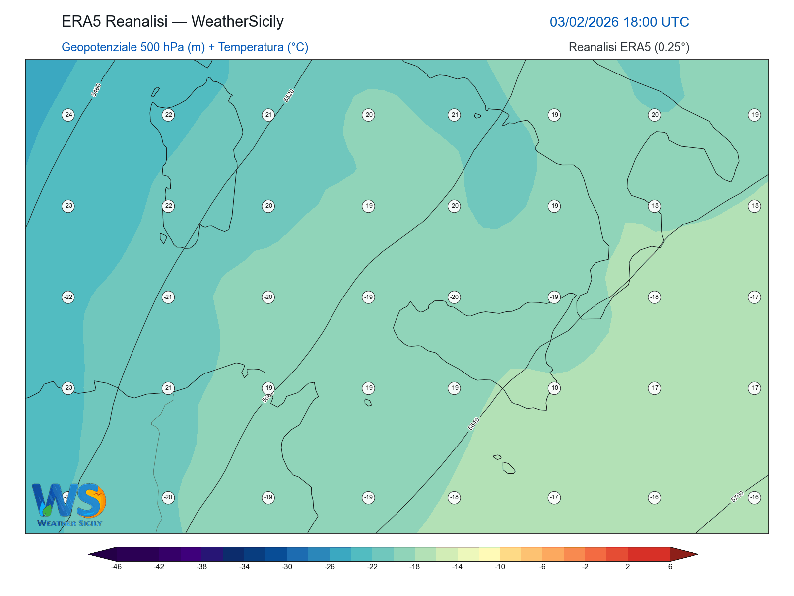 Geopotenziale 500 hPa + Temperatura · 2026020318
