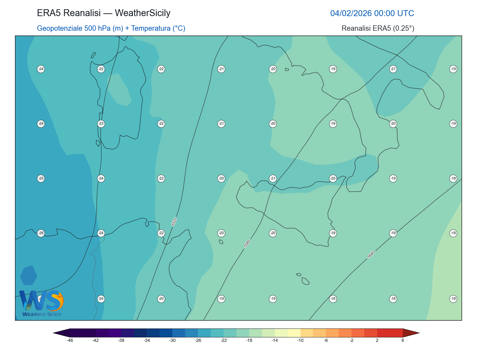 Geopotenziale 500 hPa + Temperatura · 2026020400
