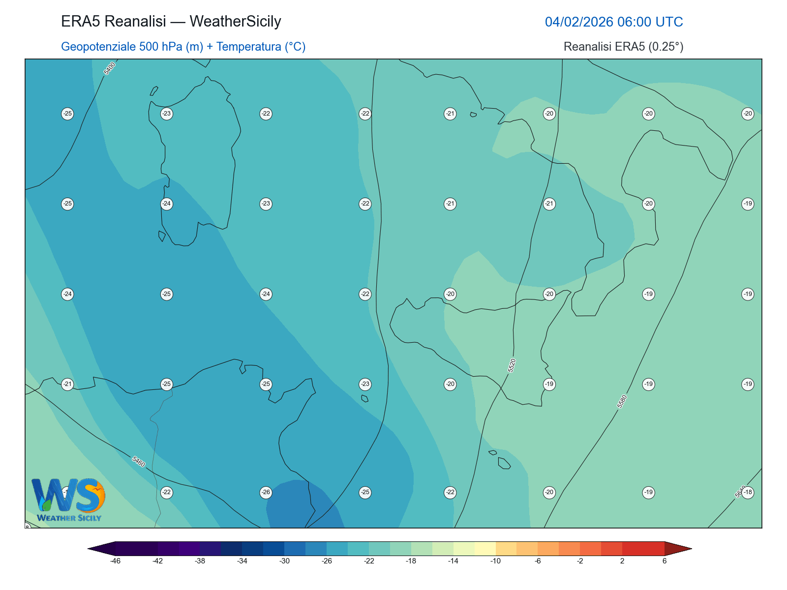 Geopotenziale 500 hPa + Temperatura · 2026020406