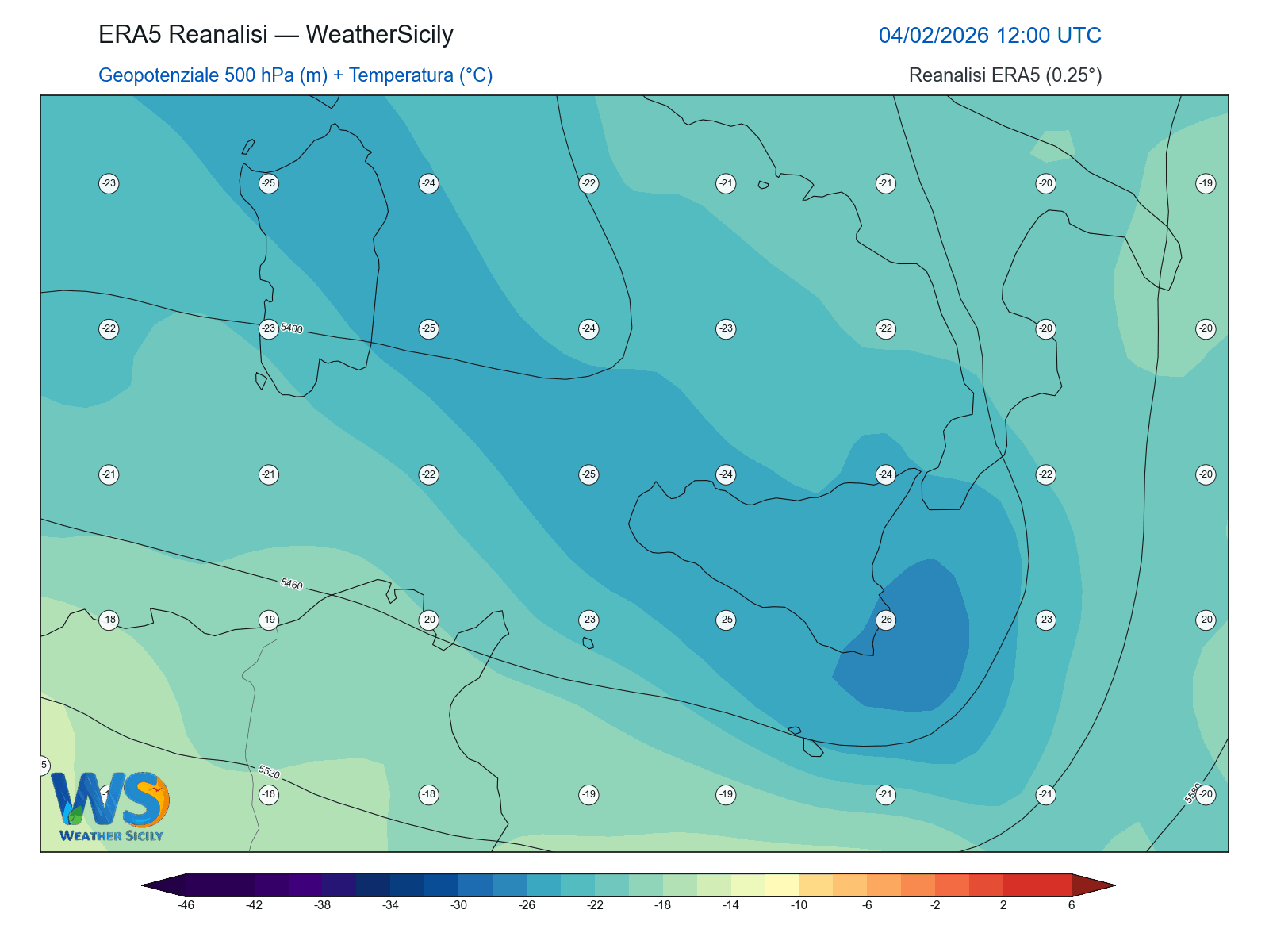 Geopotenziale 500 hPa + Temperatura · 2026020412
