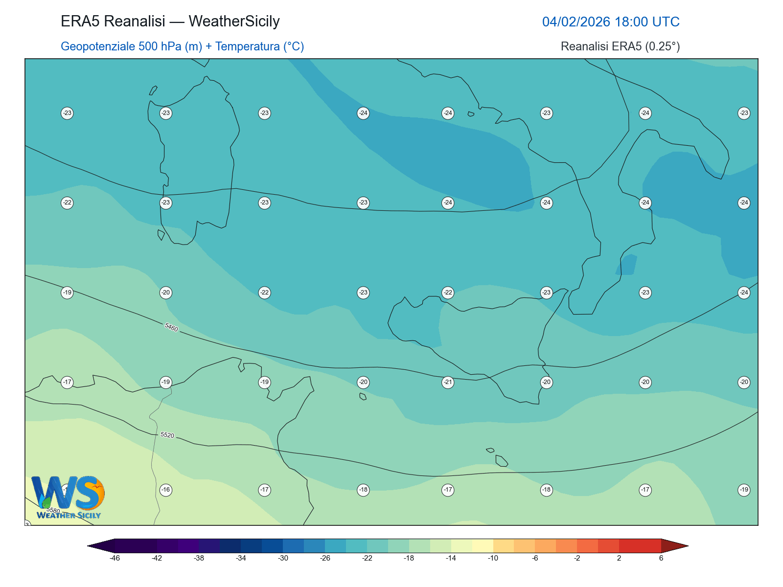 Geopotenziale 500 hPa + Temperatura · 2026020418