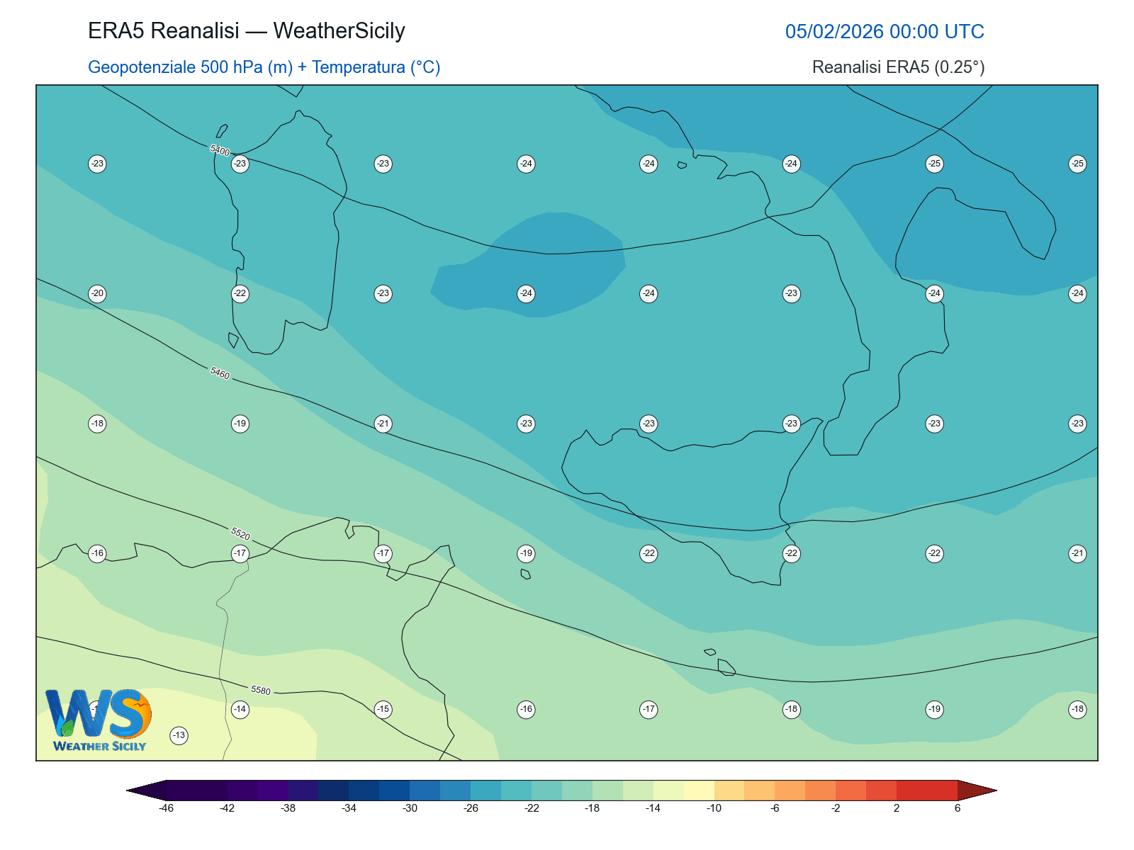 Geopotenziale 500 hPa + Temperatura · 2026020500