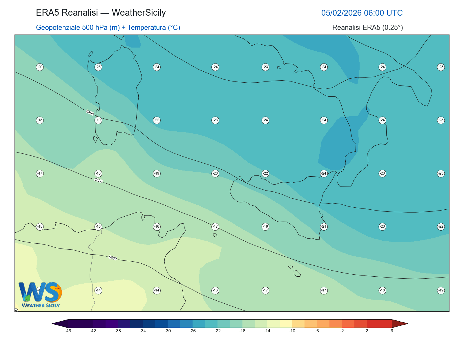 Geopotenziale 500 hPa + Temperatura · 2026020506