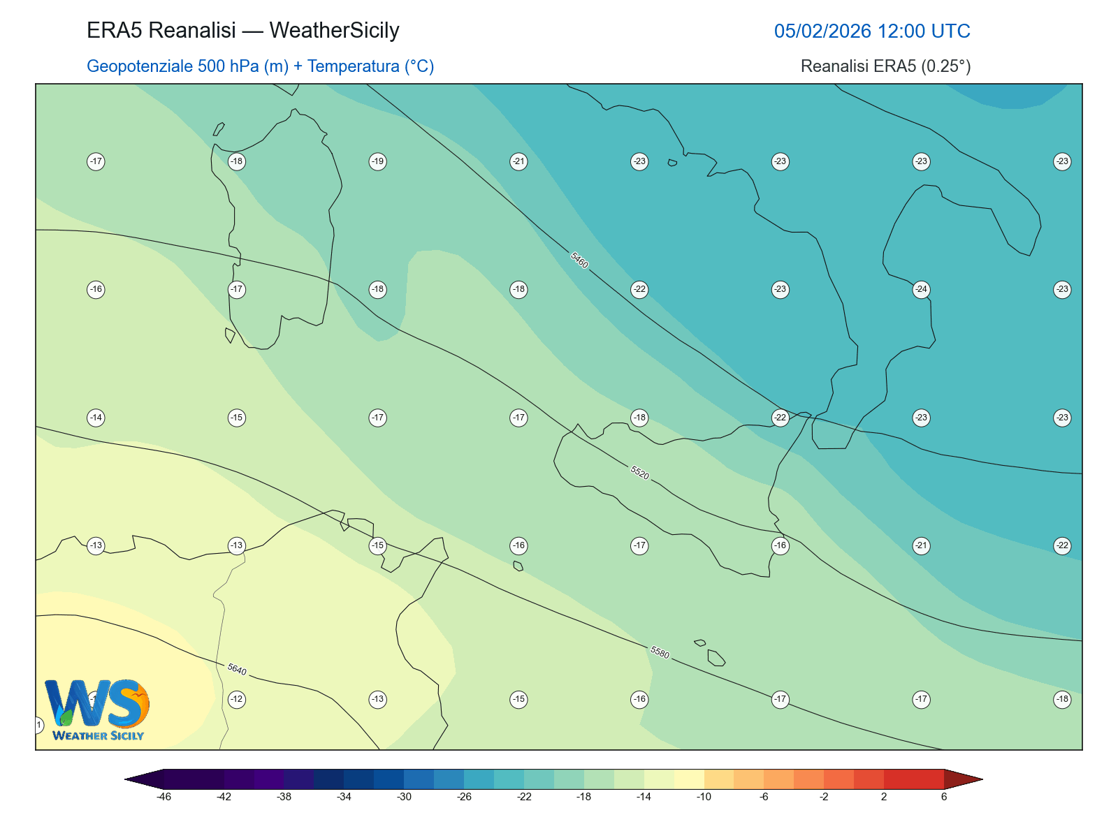 Geopotenziale 500 hPa + Temperatura · 2026020512