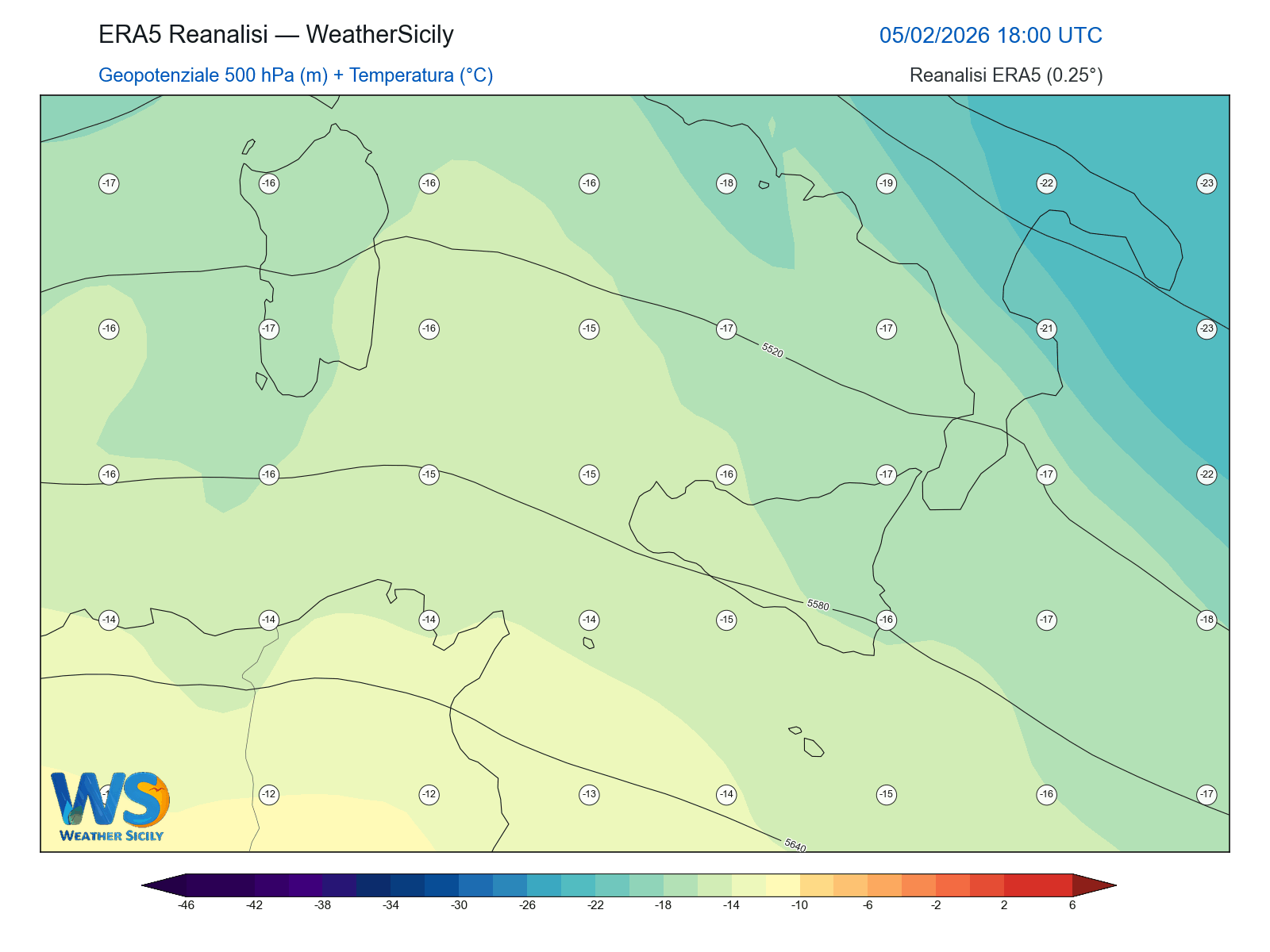 Geopotenziale 500 hPa + Temperatura · 2026020518
